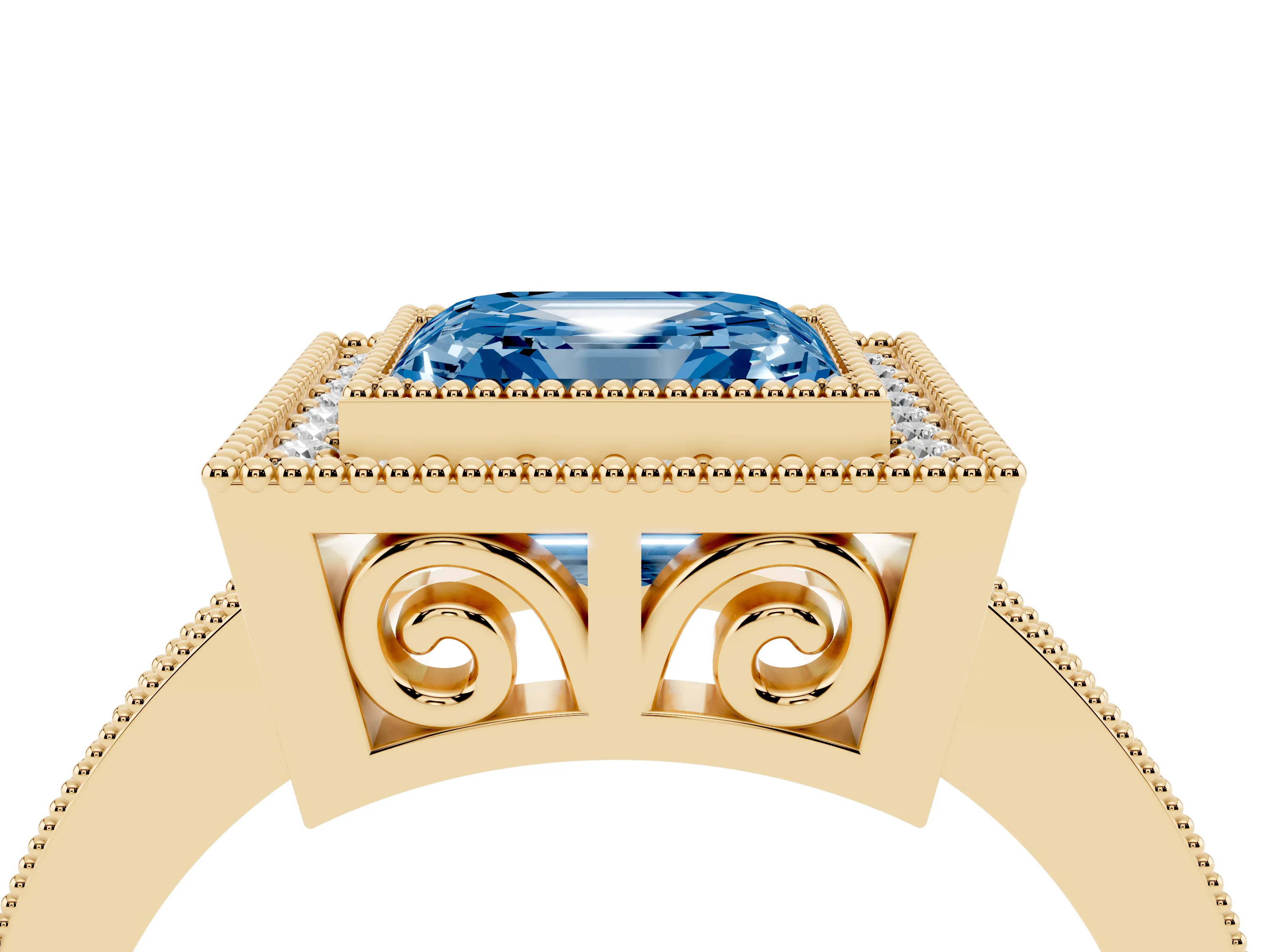 Fancy Blue Asscher Cut Diamond Round Halo Ring Set in Yellow gold with Pavé Band