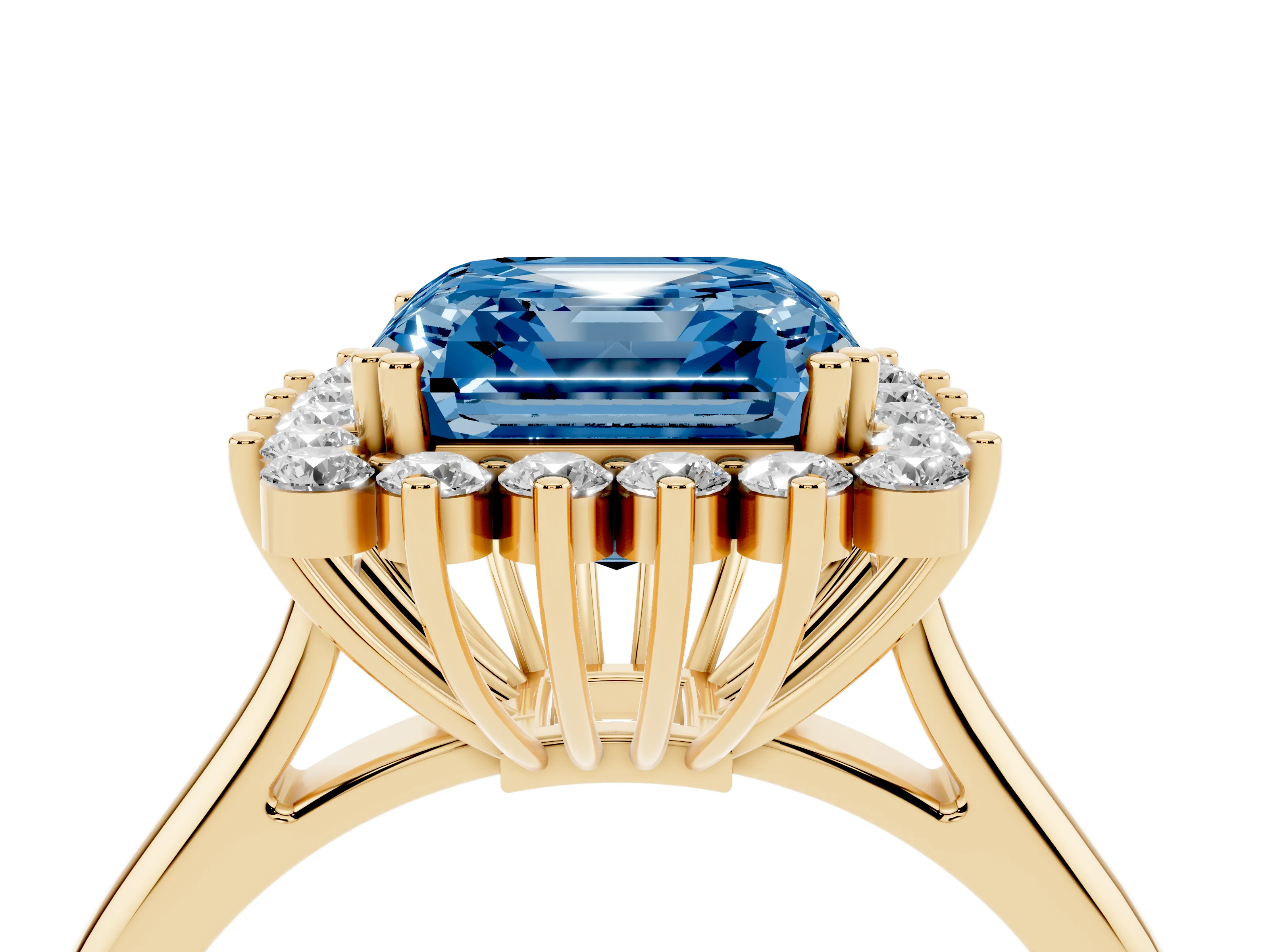 Fancy Blue Asscher Cut Diamond Halo Ring Set in Yellow gold with Plain Solitaire Band and Prong Setting