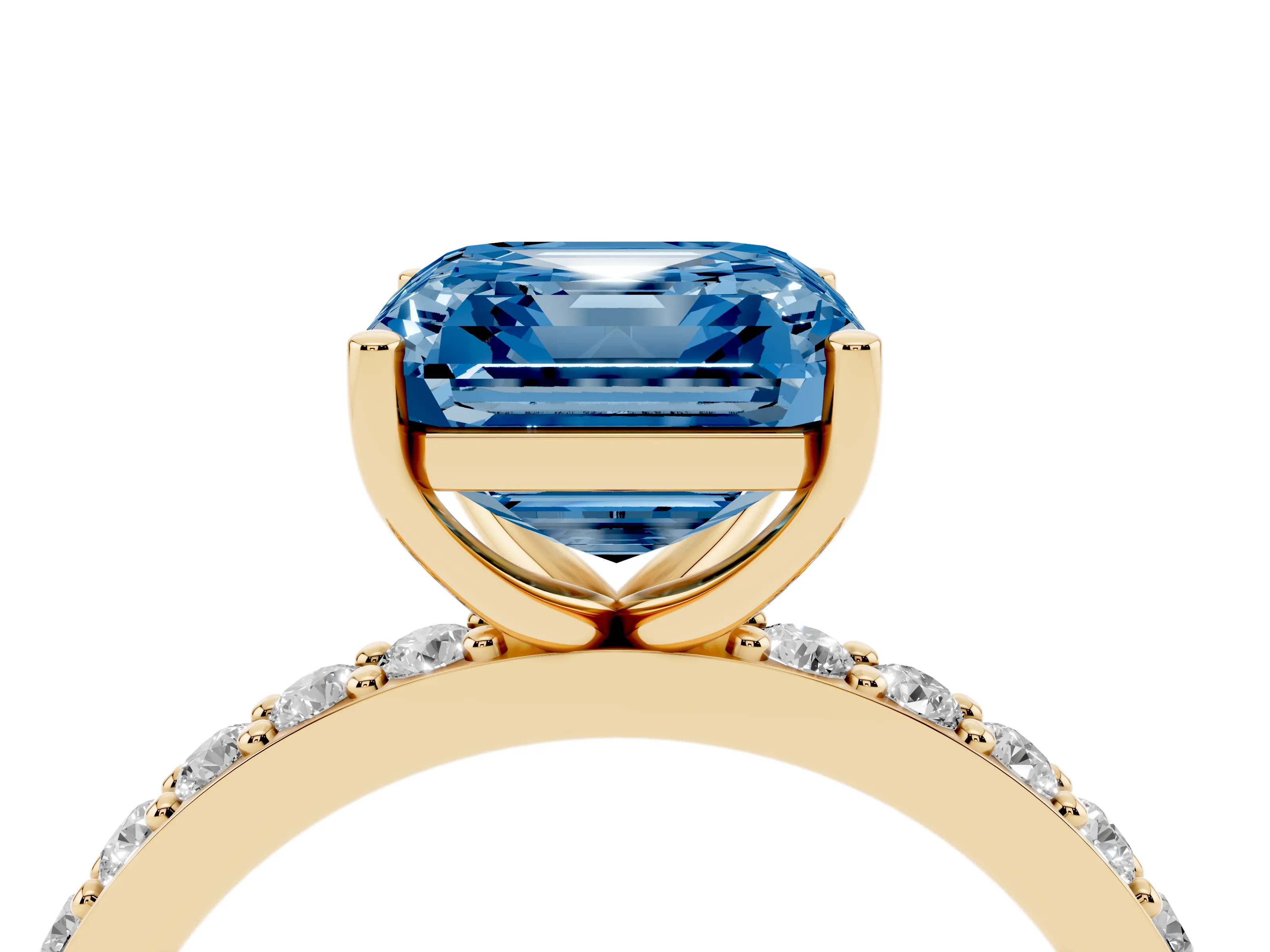 Fancy Blue Asscher Cut Diamond Solitaire Set in Yellow gold with Round Pavé Band and Prong Setting