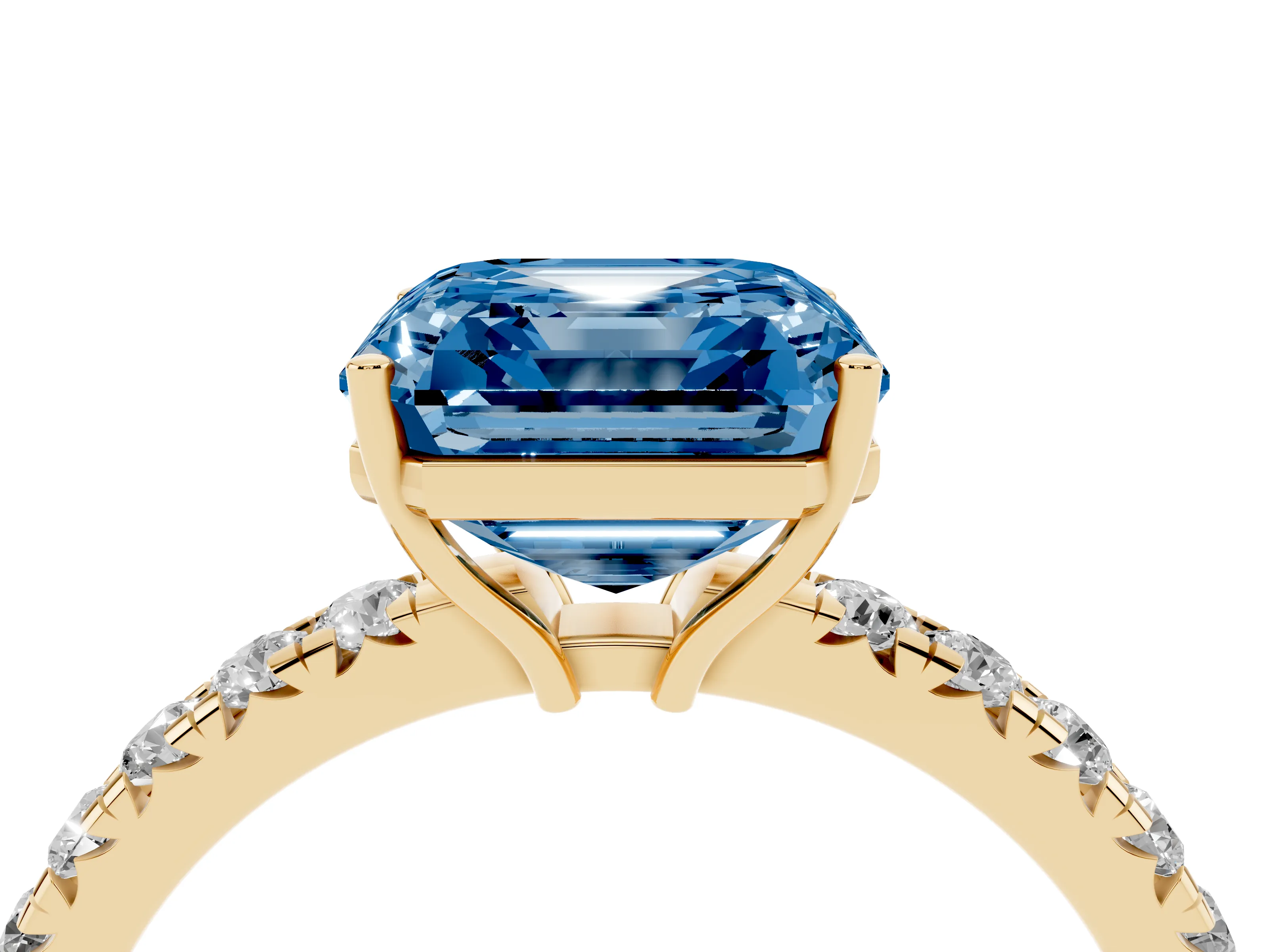 Fancy Blue Asscher Cut Diamond Pavé Solitaire Engagement Ring Set in Yellow gold with Prong Setting