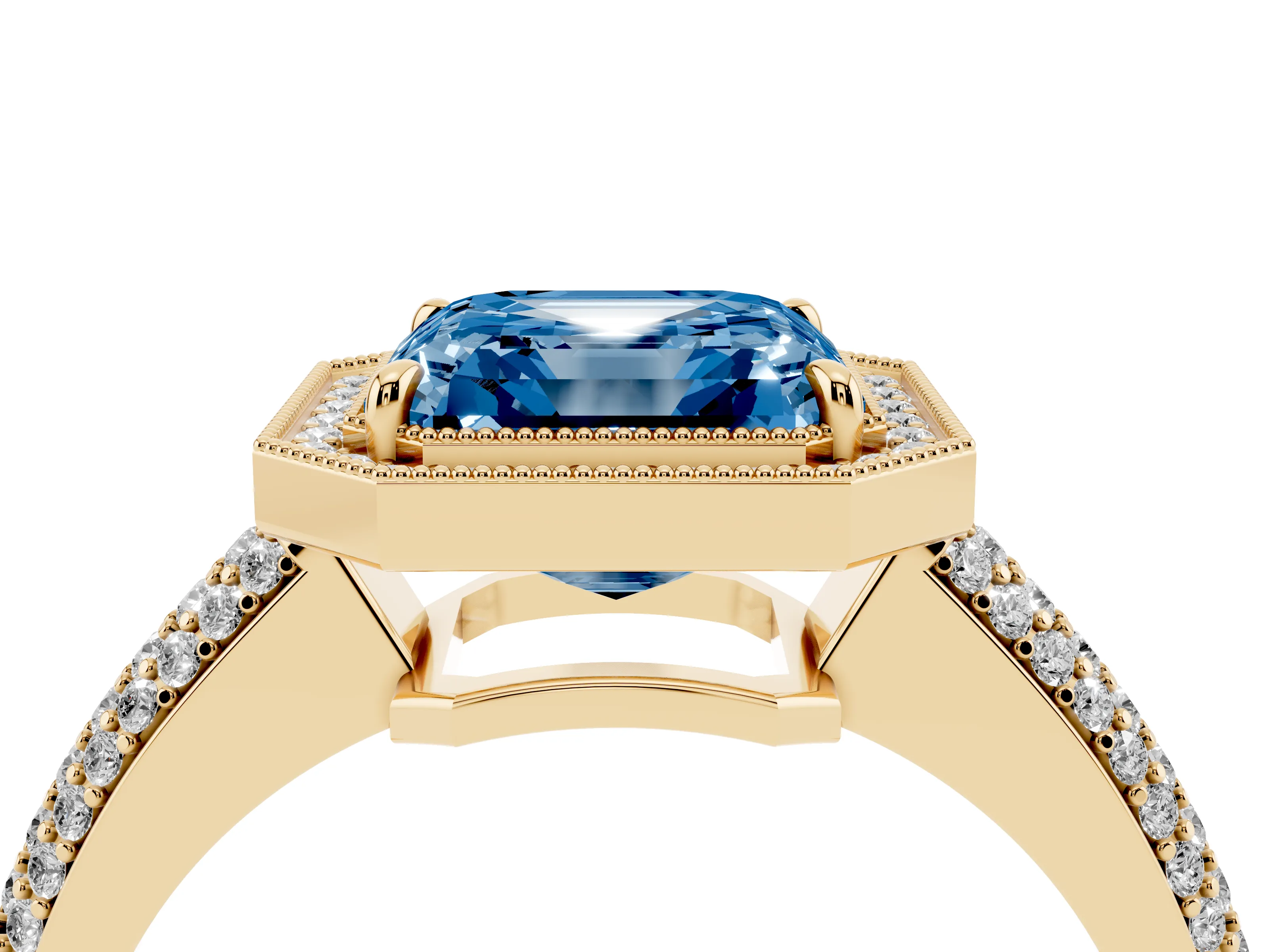 Fancy Blue Asscher Cut Diamond Halo Pavé Band Set in Yellow gold with Prong Setting