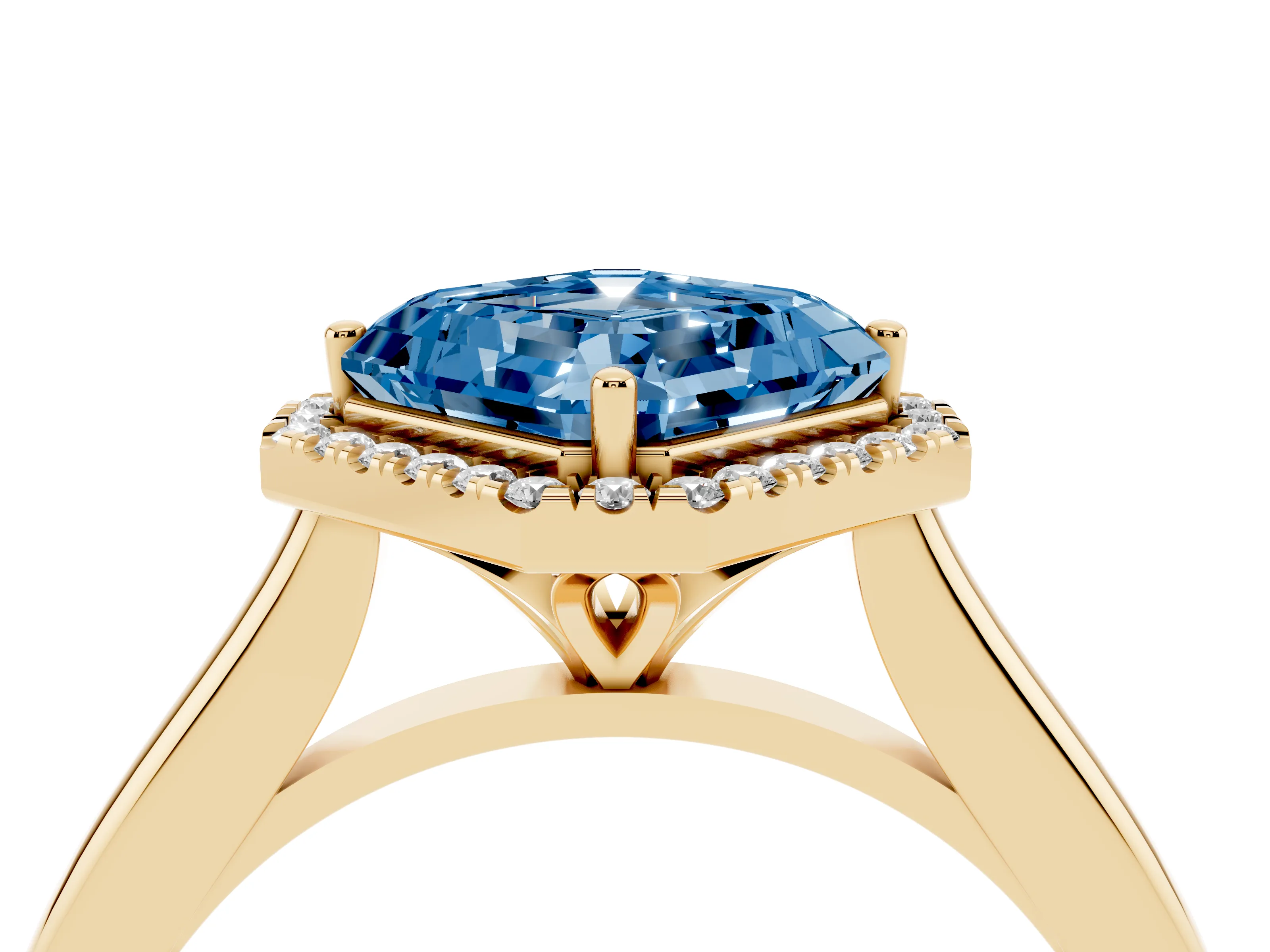 Fancy Blue Asscher Cut Diamond Halo Engagement Ring Set in Yellow gold with Pavé Band and Rising Shoulders
