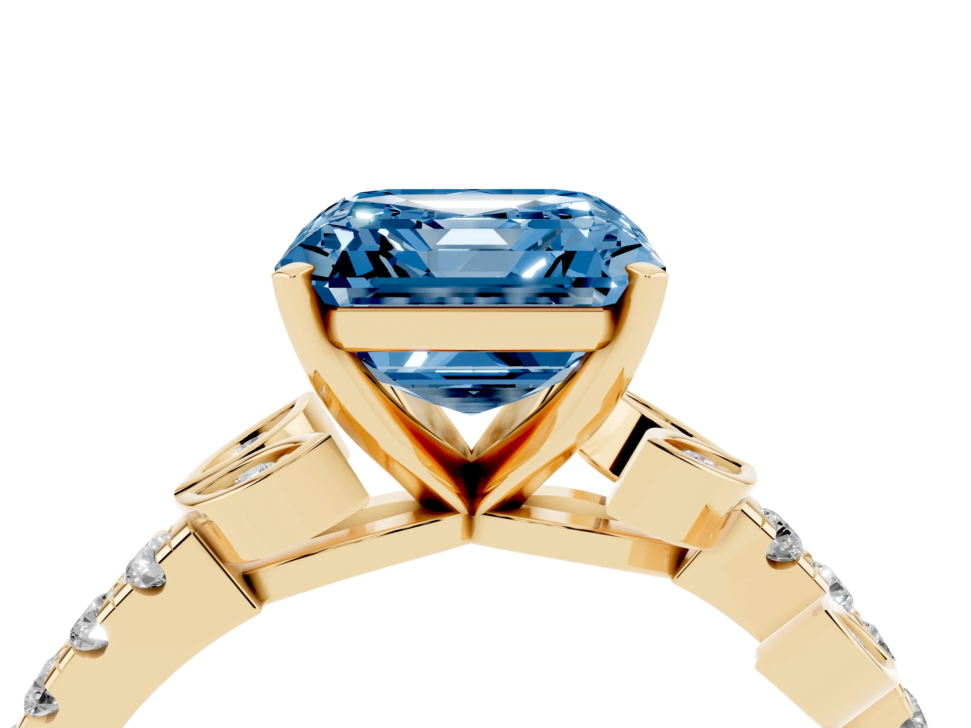 Fancy Blue Asscher Cut Diamond Solitaire Leaf-Inspired Ring Set in Yellow gold with Pavé Band and Prong Setting