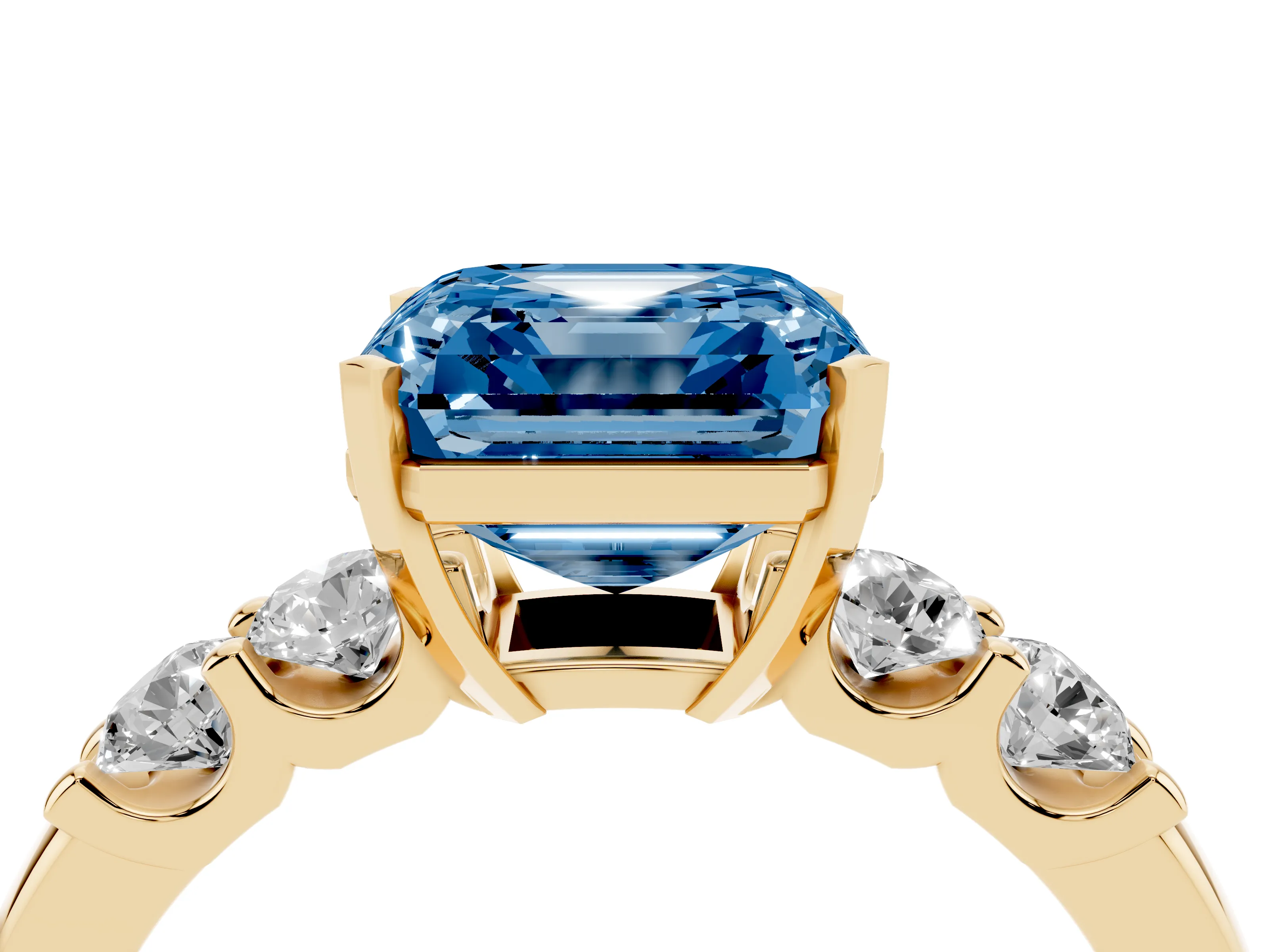 Fancy Blue Asscher Cut Diamond Five-Stone Prong Set Engagement Ring Set in Yellow gold with Channel Band