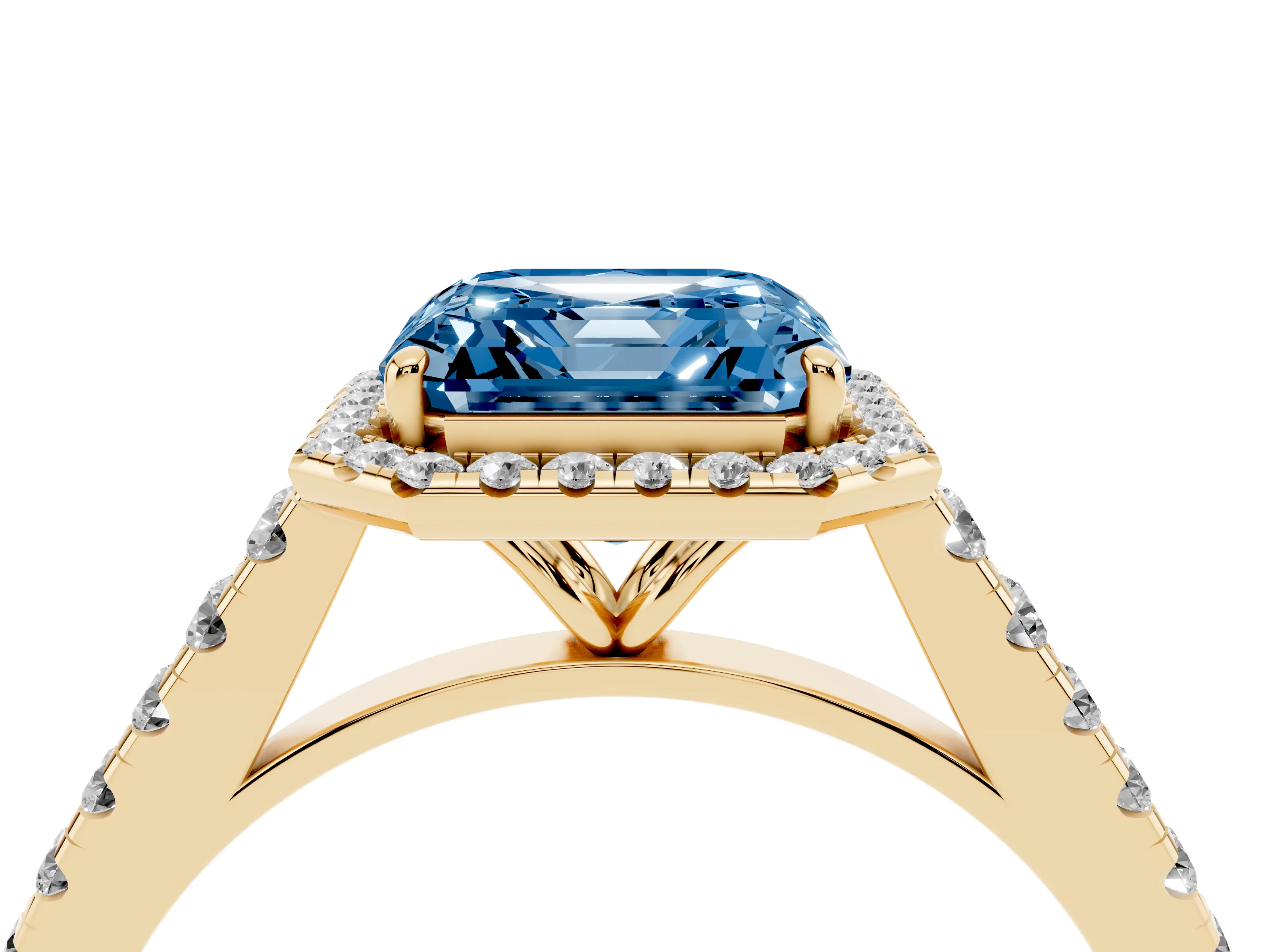Fancy Blue Asscher Cut Diamond Halo Pavé Engagement Ring Set in Yellow gold with Prong Setting