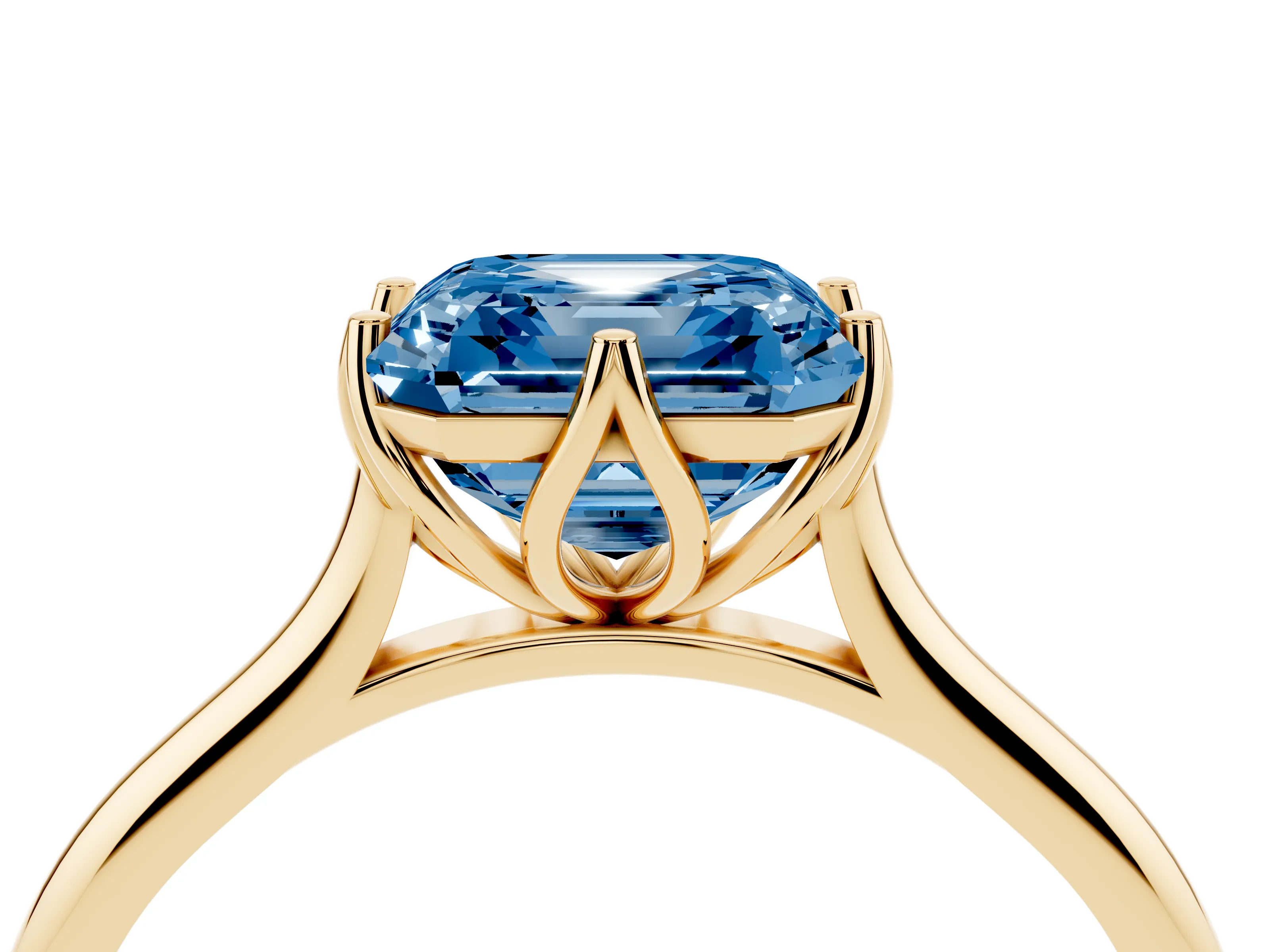 Fancy Blue Asscher Cut Diamond Solitaire Cathedral Ring Set in Yellow gold with Prong Setting