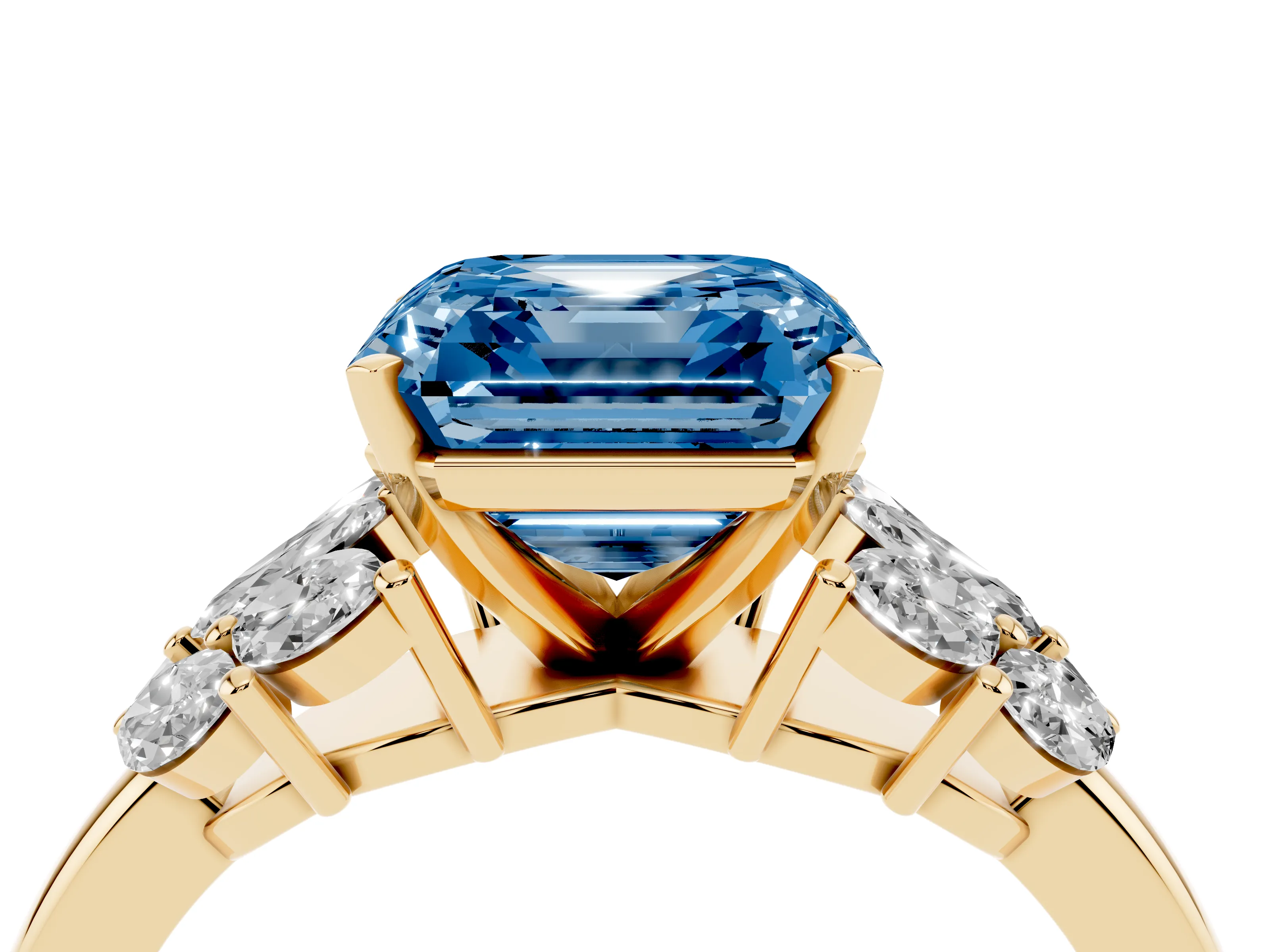 Fancy Blue Asscher Cut Diamond Cluster Leaf Design Ring Set in Yellow gold with Prong Setting
