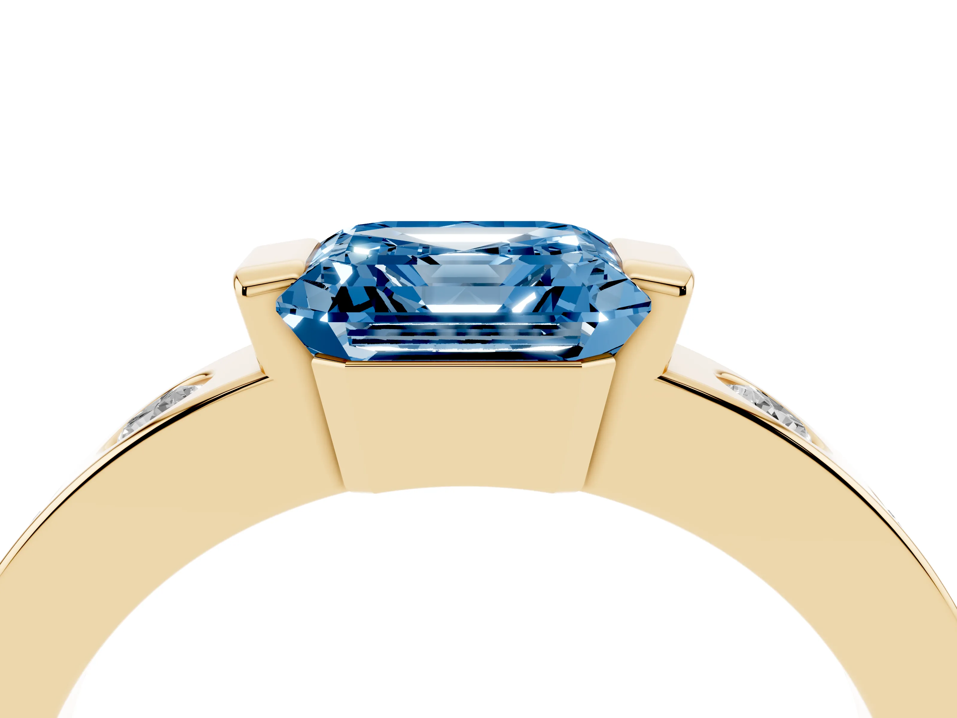 Fancy Blue Asscher Cut Diamond Channel-Set Band Ring Set in Yellow gold with Bezel Prong Setting