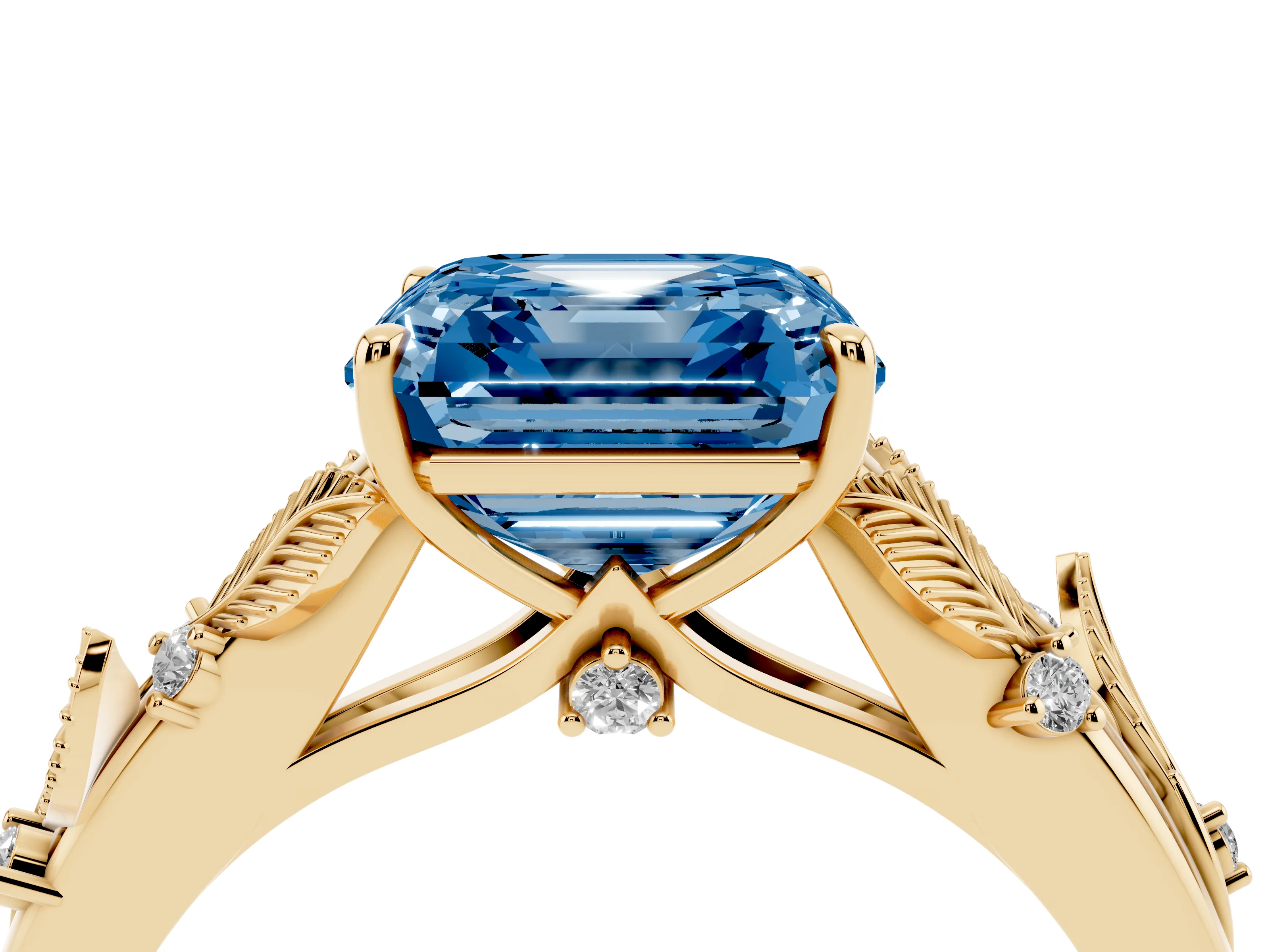 Fancy Blue Asscher Cut Diamond Solitaire Ring Set in Yellow gold with Leaf Motif Band