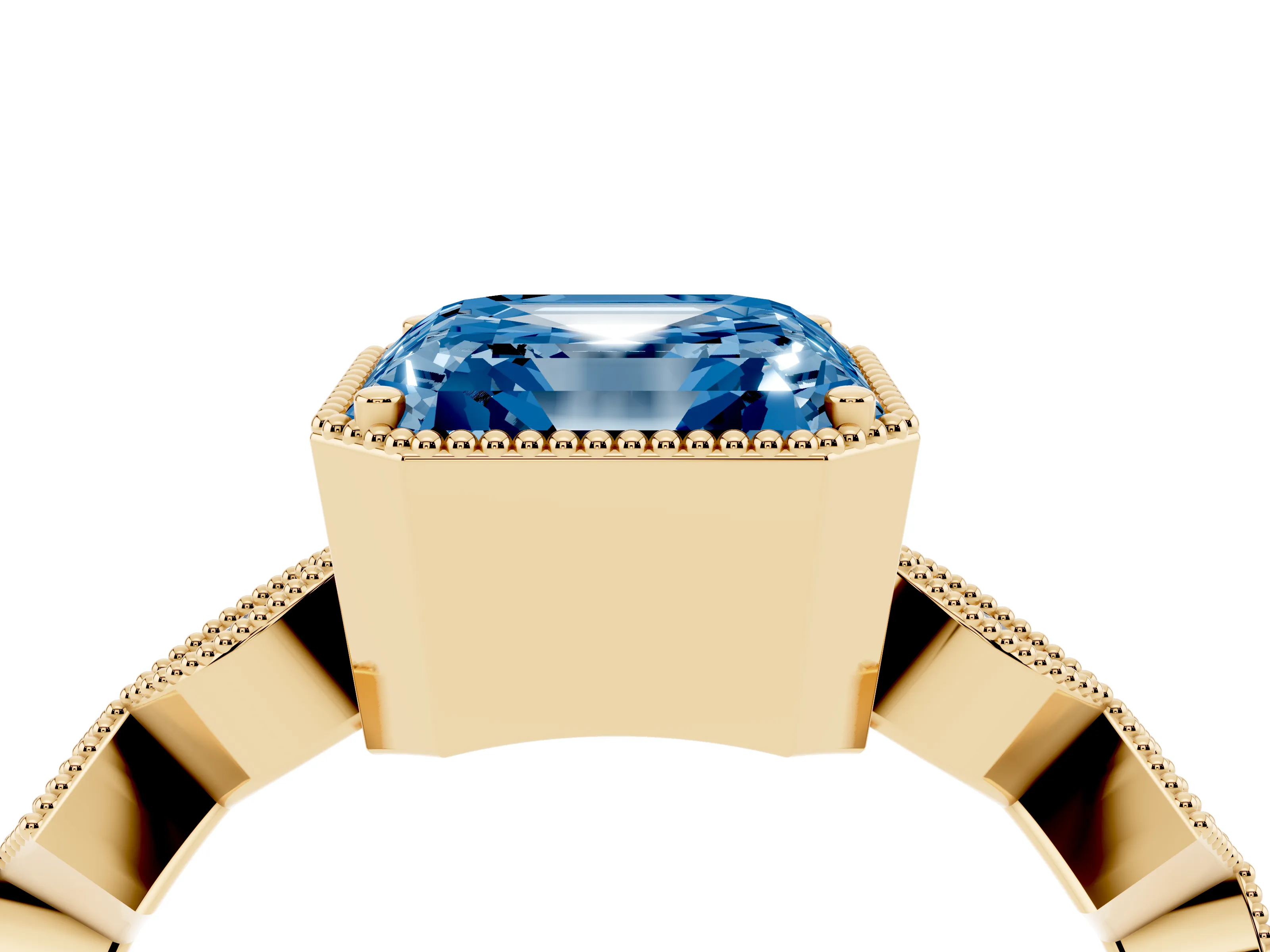 Fancy Blue Asscher Cut Diamond Milgrain Marquise Twist Band Ring Set in Yellow gold with Prong Setting
