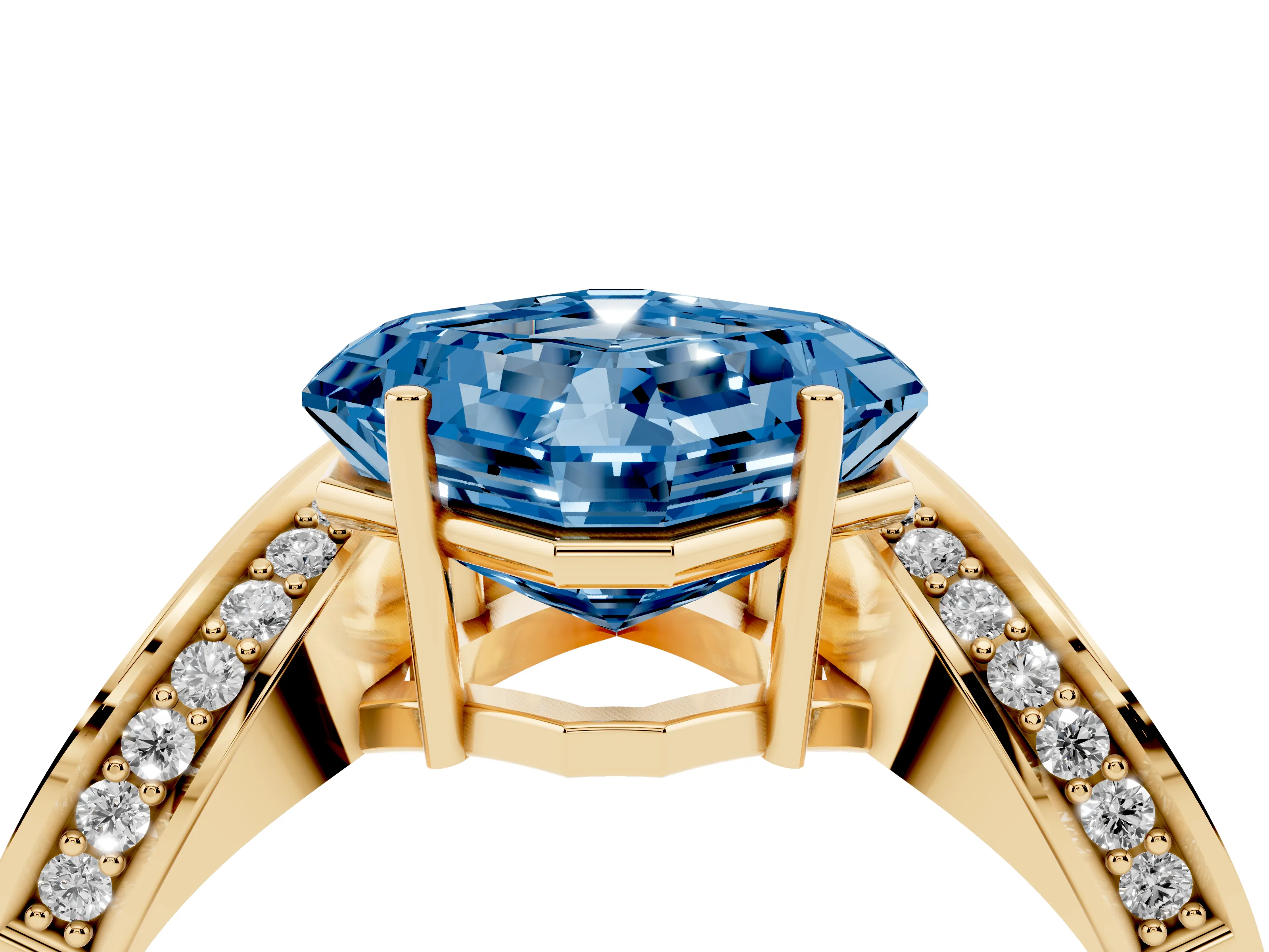 Fancy Blue Asscher Cut Diamond Solitaire Engagement Ring Set in Yellow gold with Pavé Shoulders