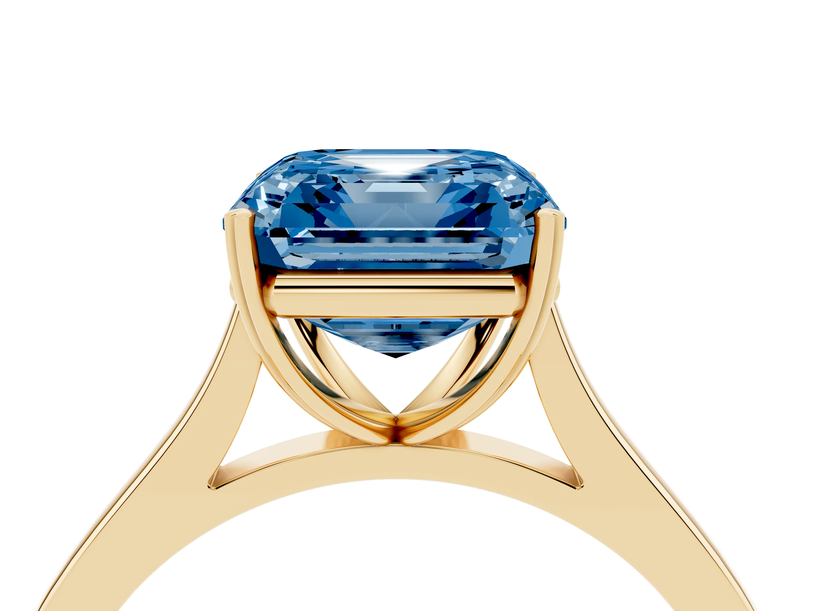 Fancy Blue Asscher Cut Diamond Solitaire Heart Prong Engagement Ring Set in Yellow gold with Tapered Band
