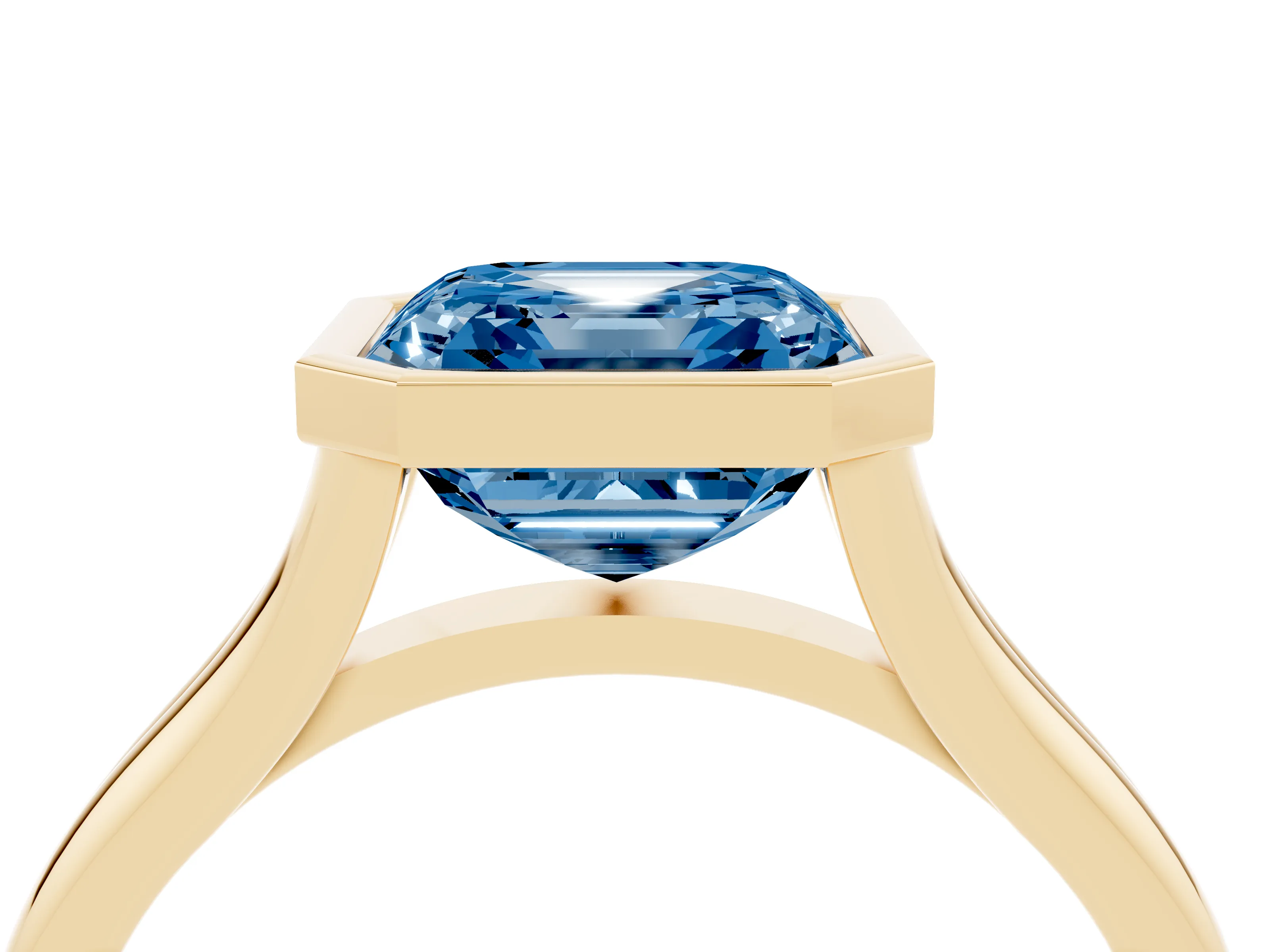 Fancy Blue Bezel Set Asscher Cut Diamond Solitaire Ring Set in Yellow gold with Tapered Band