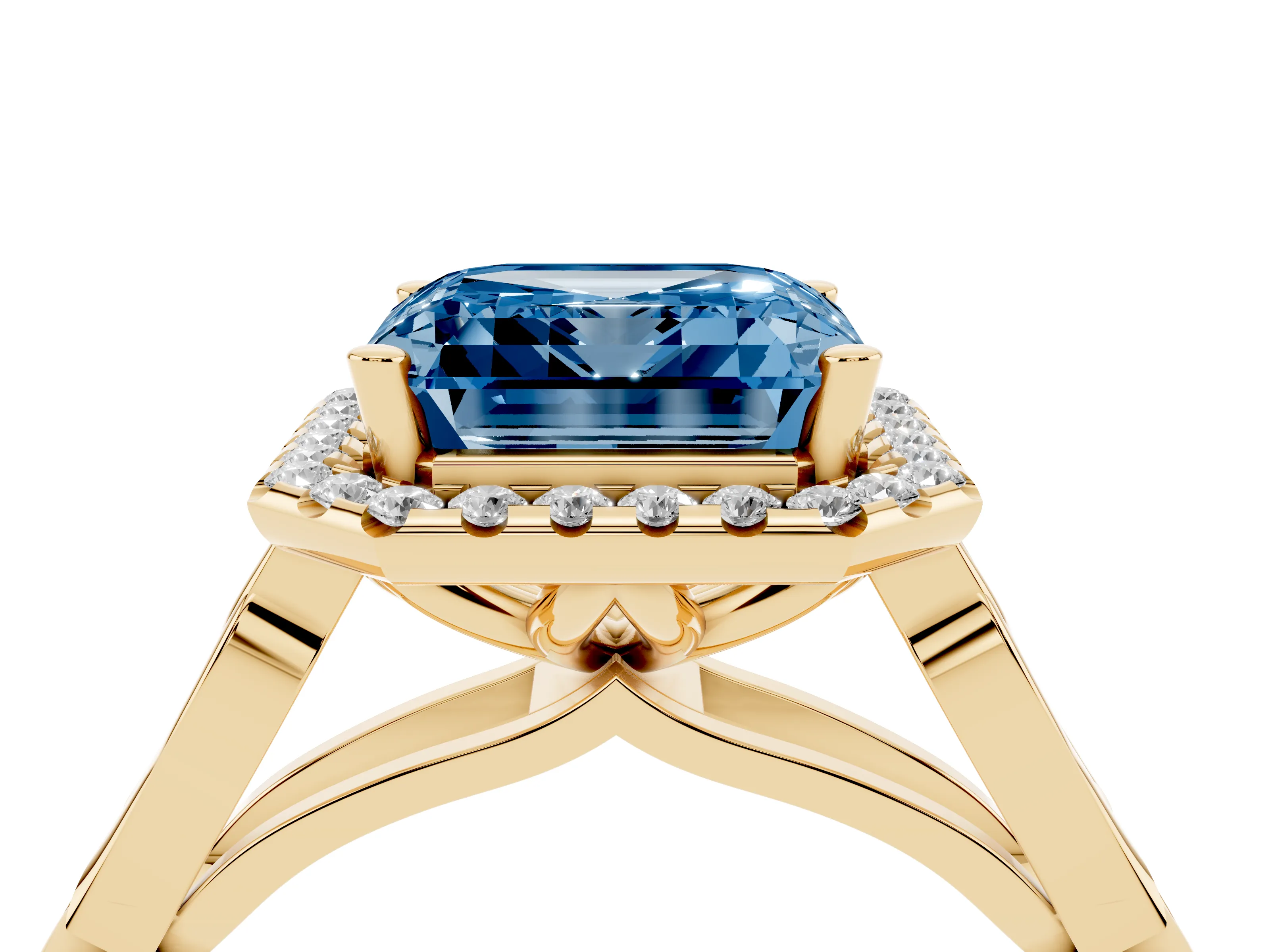 Fancy Blue Asscher Cut Diamond Halo Engagement Ring Set in Yellow gold with Filigree Band and Prong-Set Center