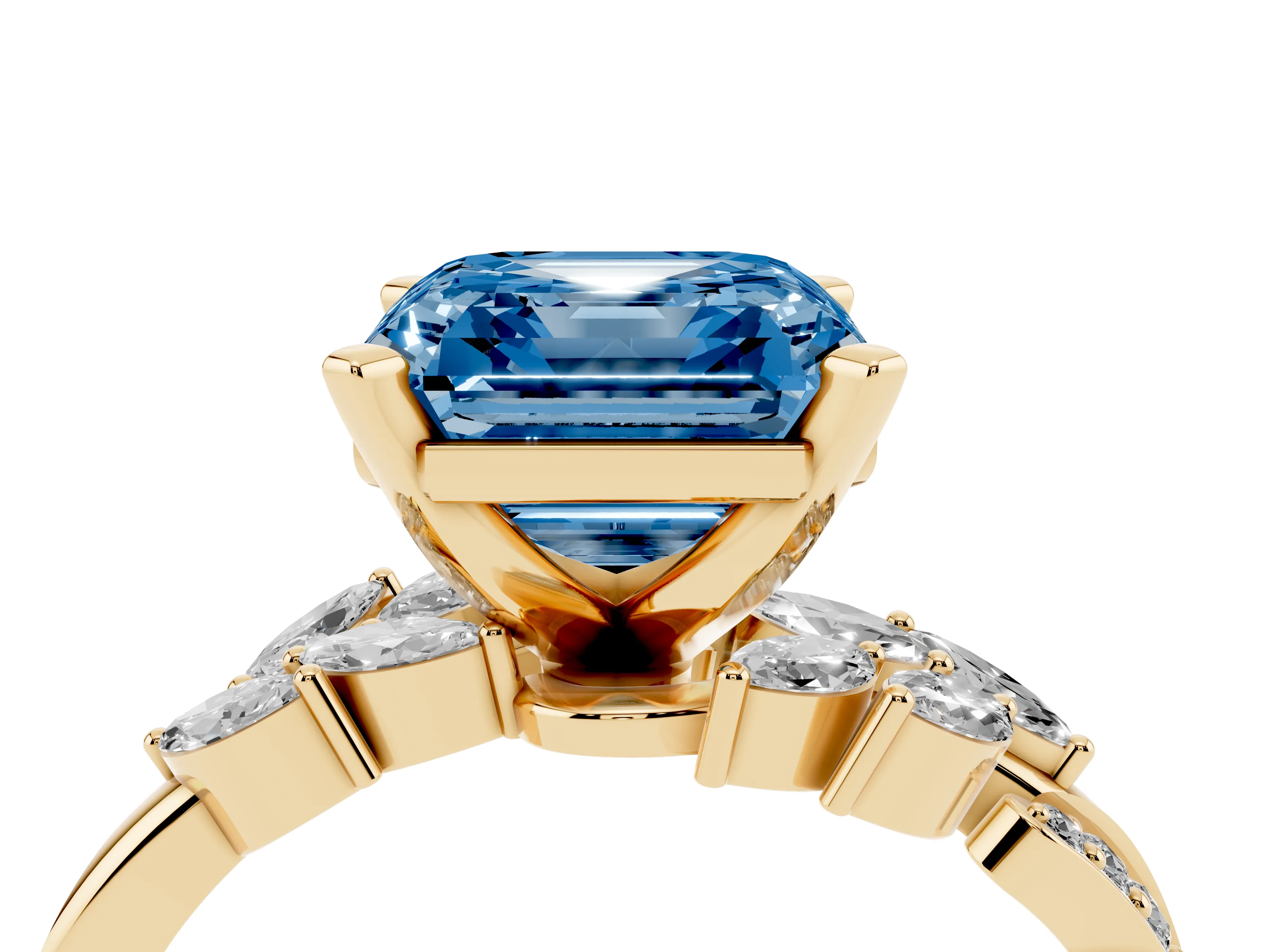 Fancy Blue Asscher Cut Diamond Solitaire Ring Set in Yellow gold with Marquise Twist Band and Prong Setting