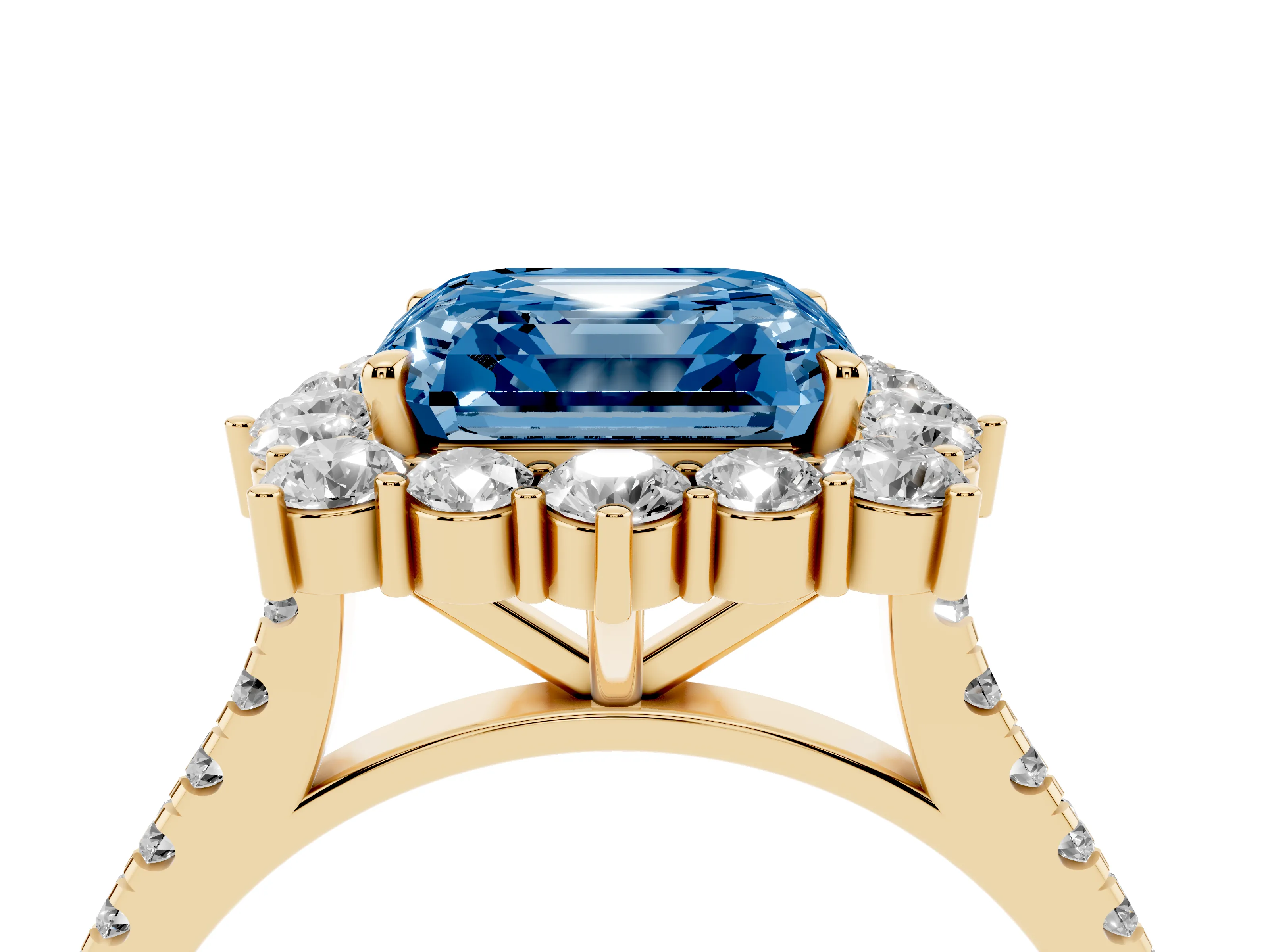 Fancy Blue Asscher Cut Diamond Halo Ring Set in Yellow gold with Pavé Band and Prong Setting