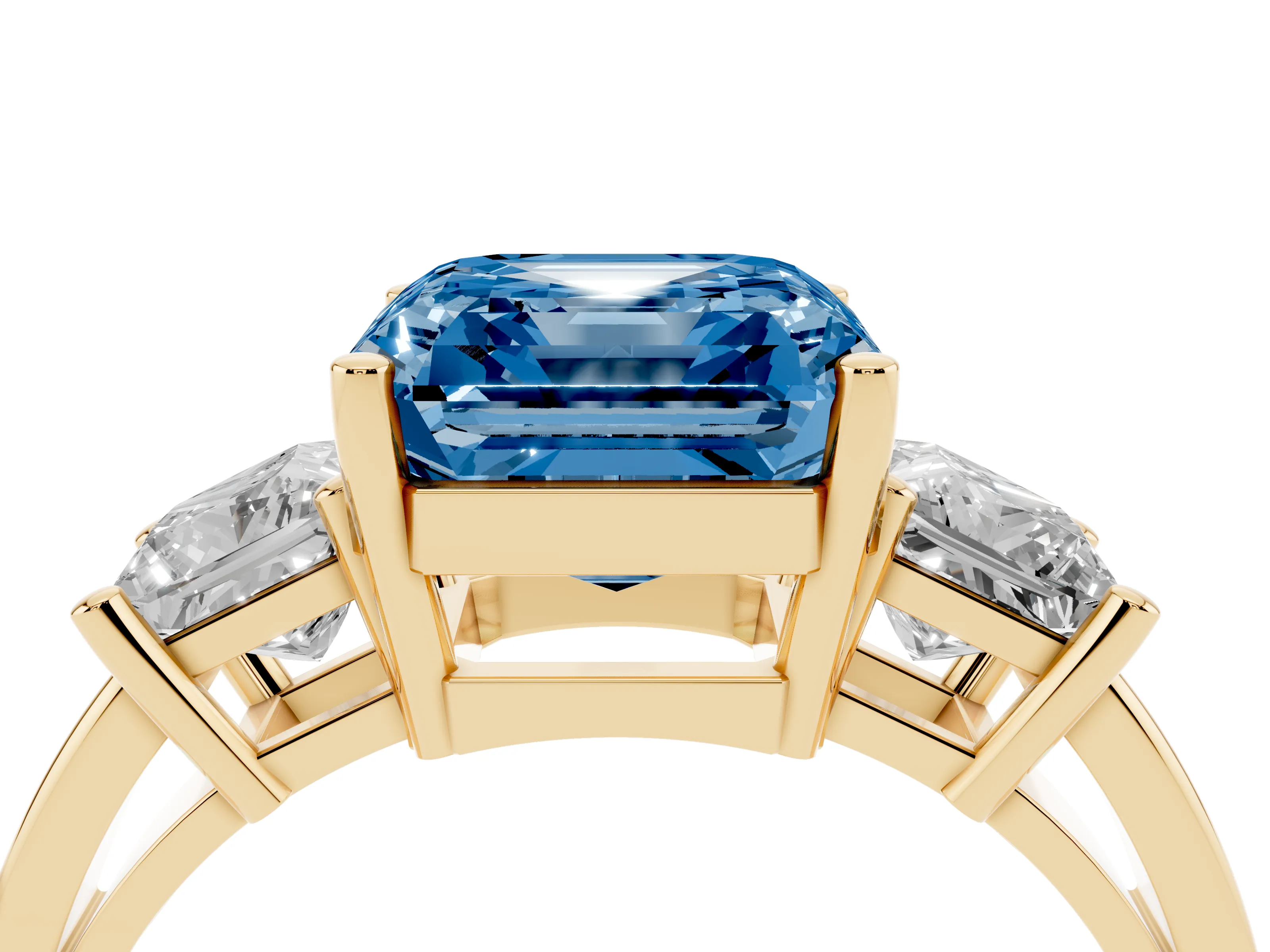 Fancy Blue Three-Stone Asscher Cut Diamond Solitaire Ring Set in Yellow gold with Prong Setting