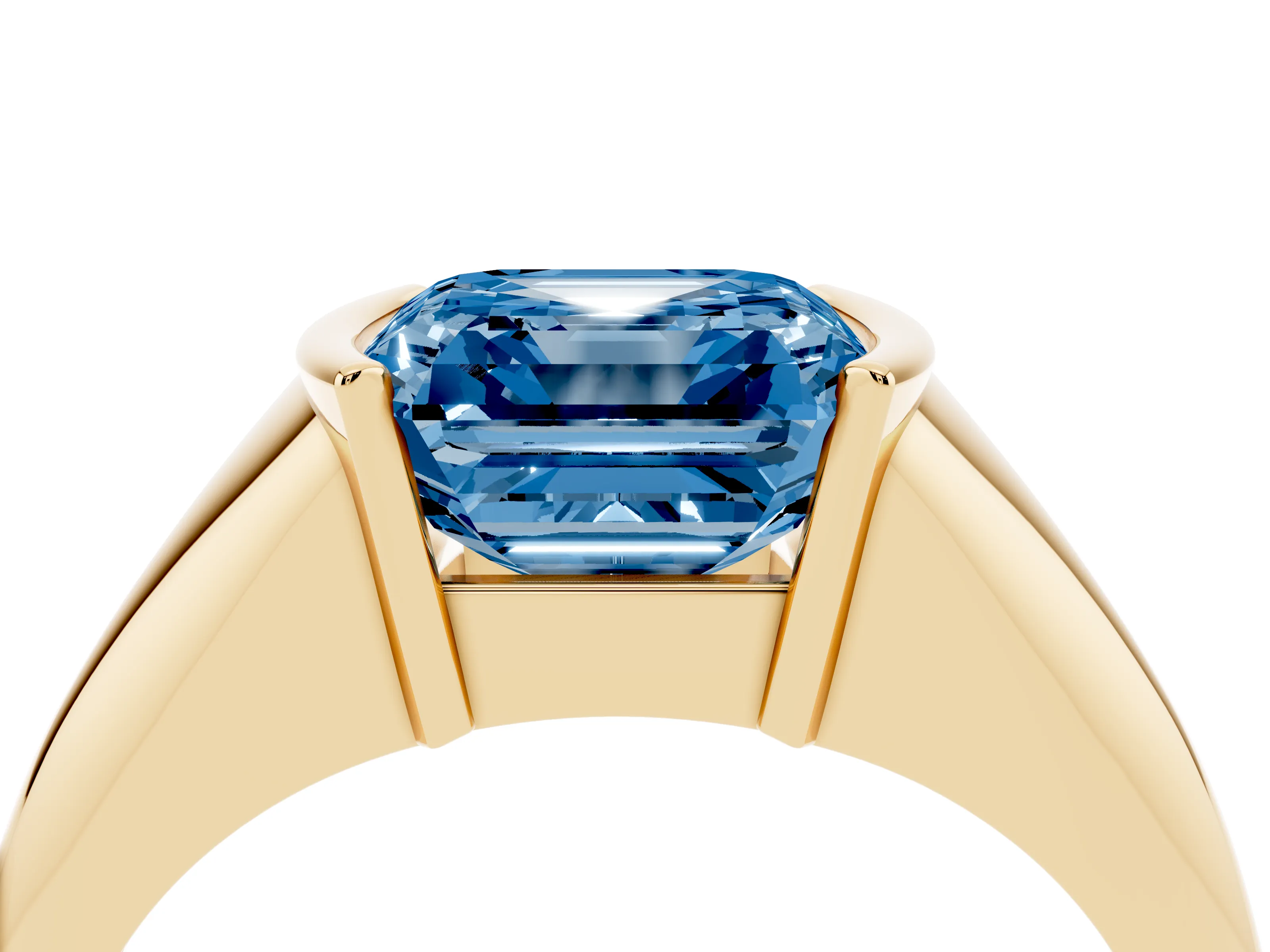 Fancy Blue Asscher Cut Diamond Solitaire Tension Set Ring Set in Yellow gold