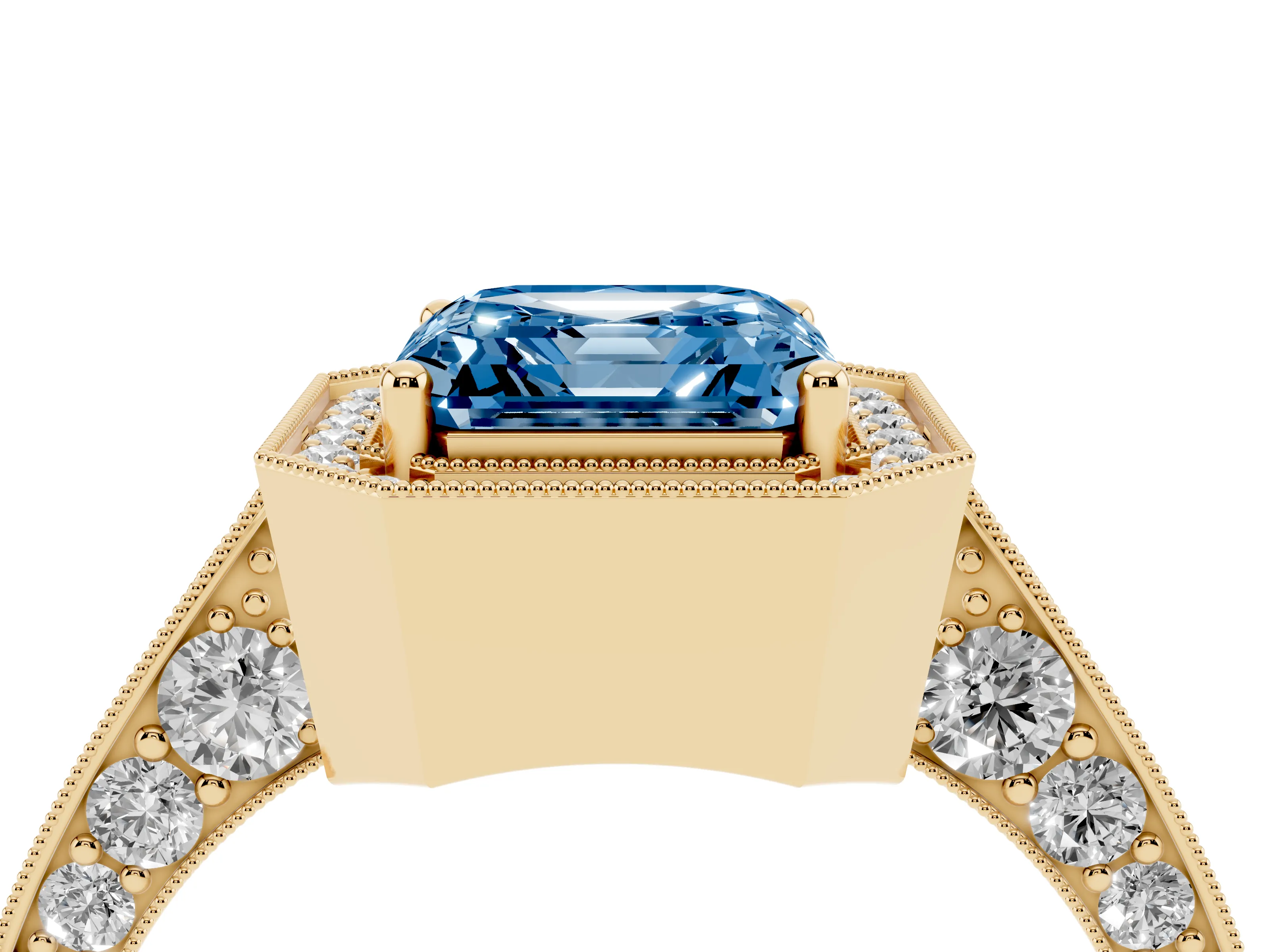 Fancy Blue Asscher Cut Diamond Halo Engagement Ring Set in Yellow gold with Accent Split Shank Band