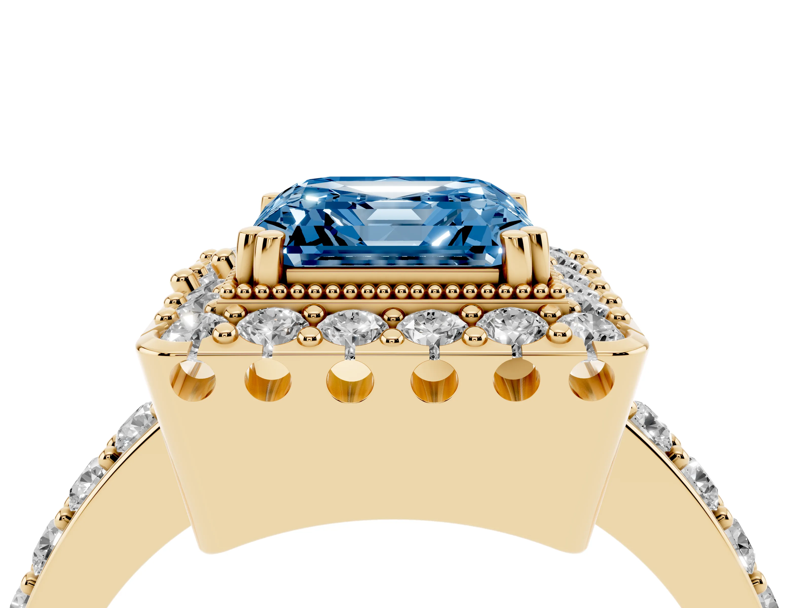 Fancy Blue Asscher Cut Diamond Halo Ring Set in Yellow gold with Pavé Shank and Prong Setting