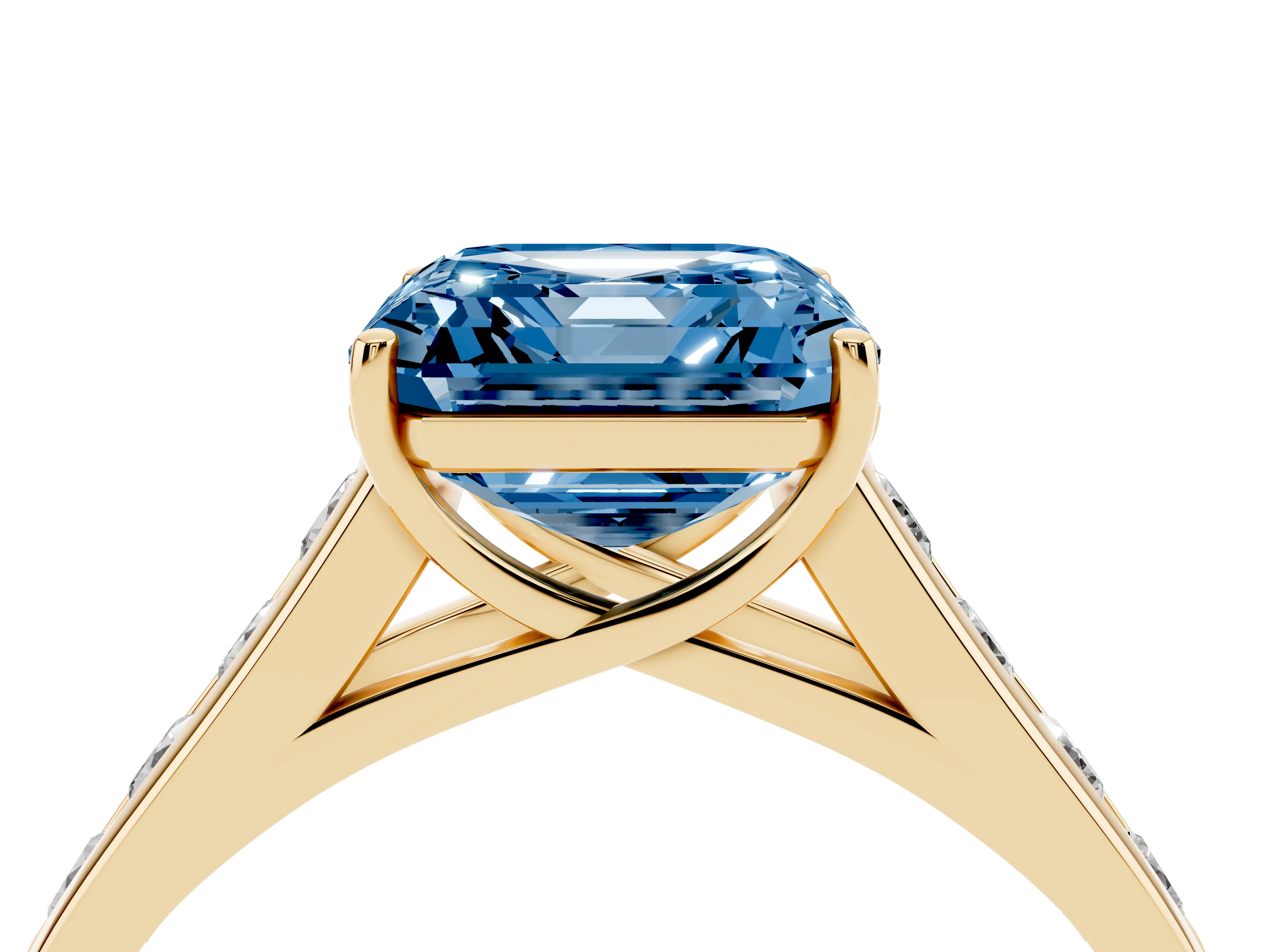 Fancy Blue Asscher Cut Diamond Brilliant Channel-Set Solitaire Ring Set in Yellow gold with Prong Setting