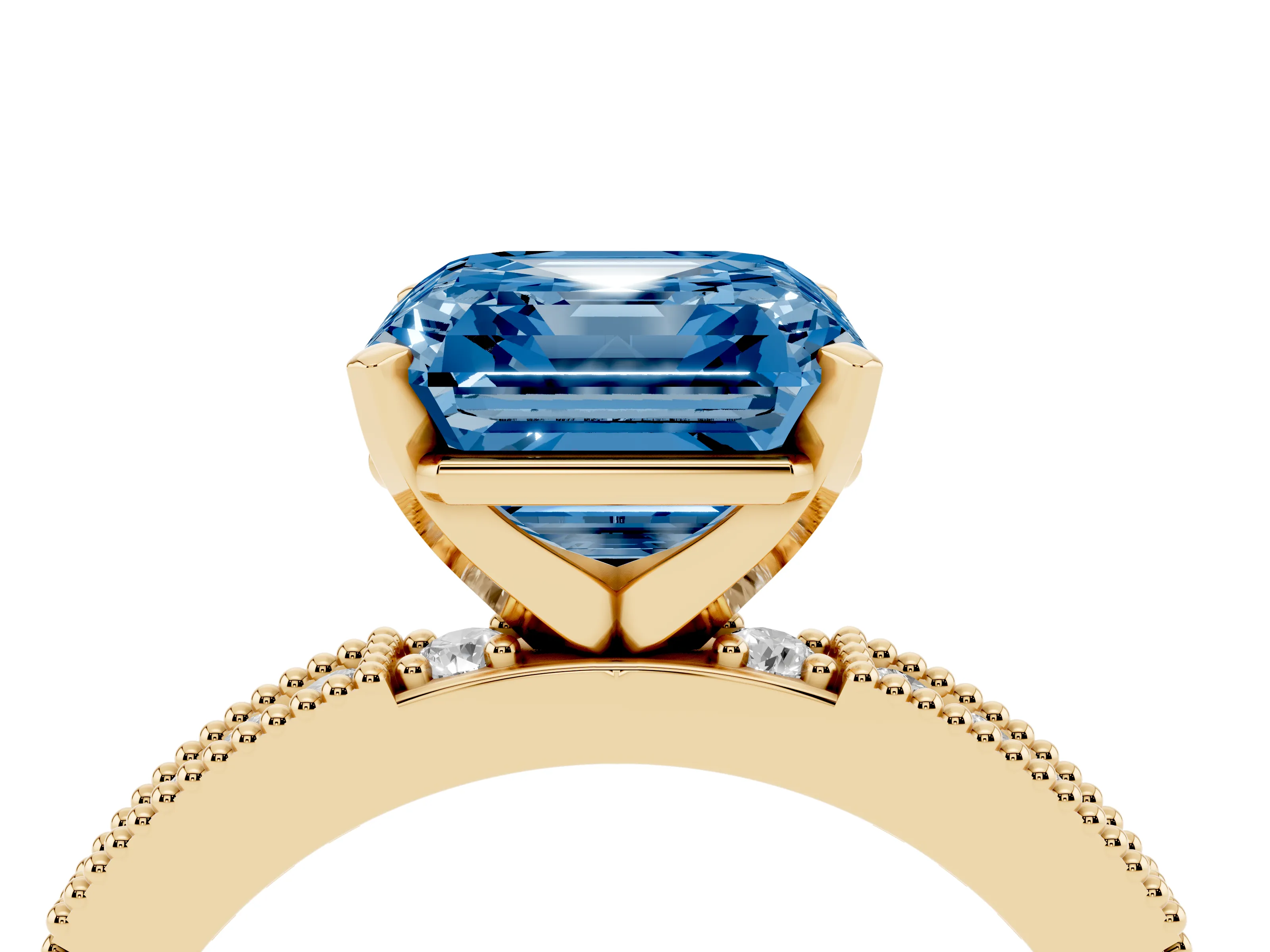 Fancy Blue Asscher Cut Diamond Solitaire Ring Set in Yellow gold with Slim Pavé Band and Prong Setting