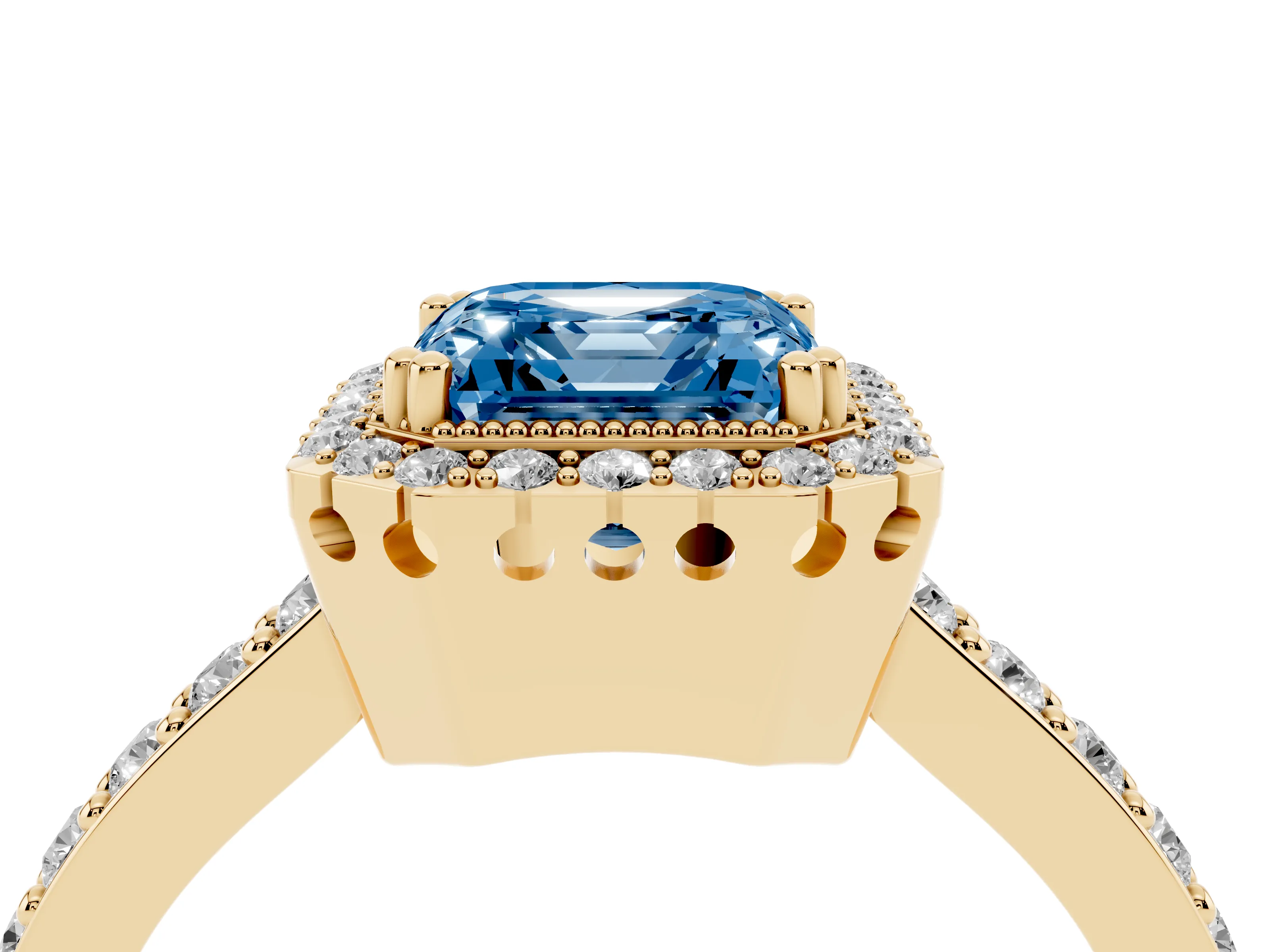 Fancy Blue Asscher Cut Diamond Halo Engagement Ring Set in Yellow gold with Milgrain Detail and Pavé Band