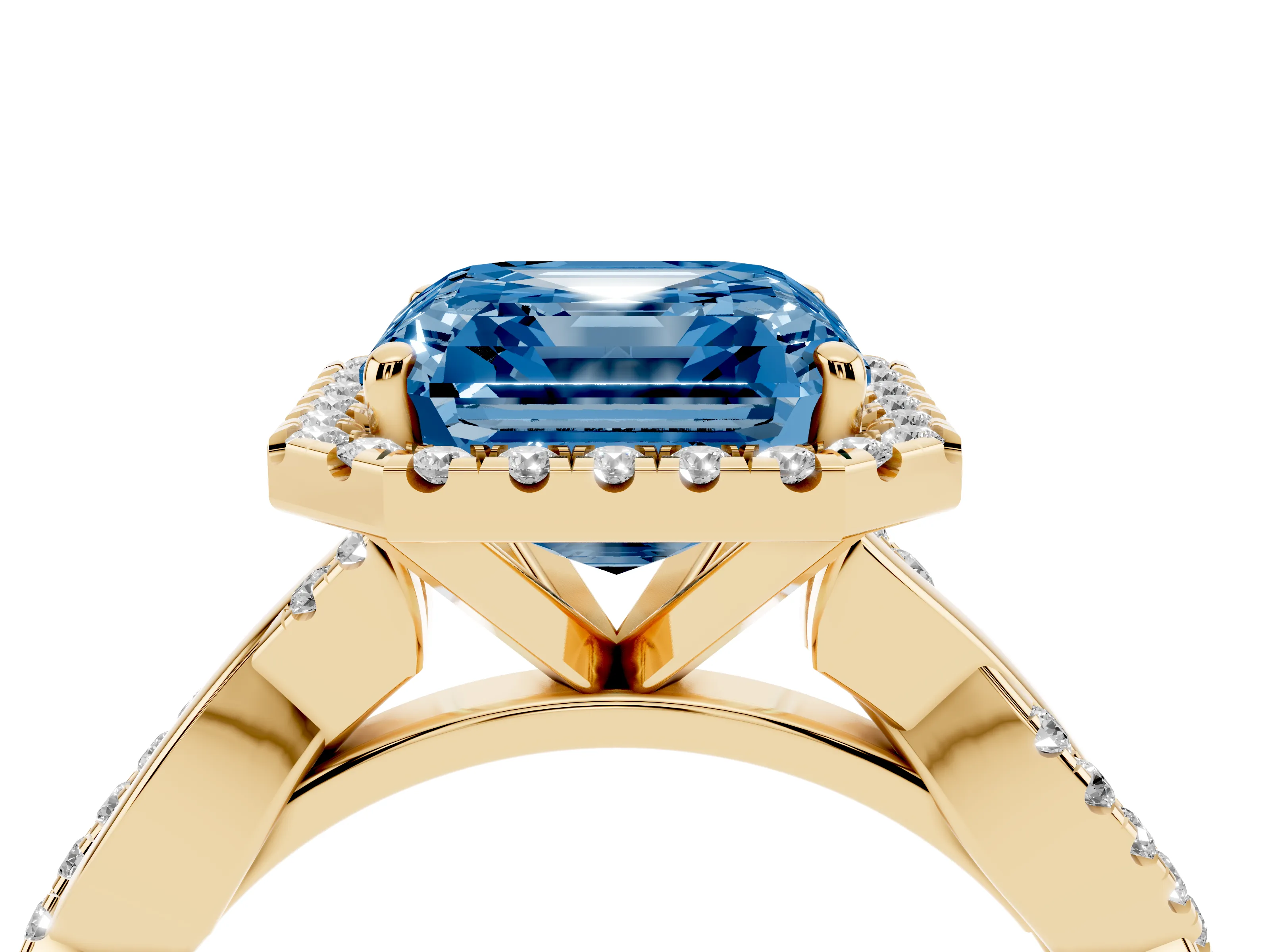 Fancy Blue Asscher Cut Diamond Halo Twisted Band Ring Set in Yellow gold with Prong Setting
