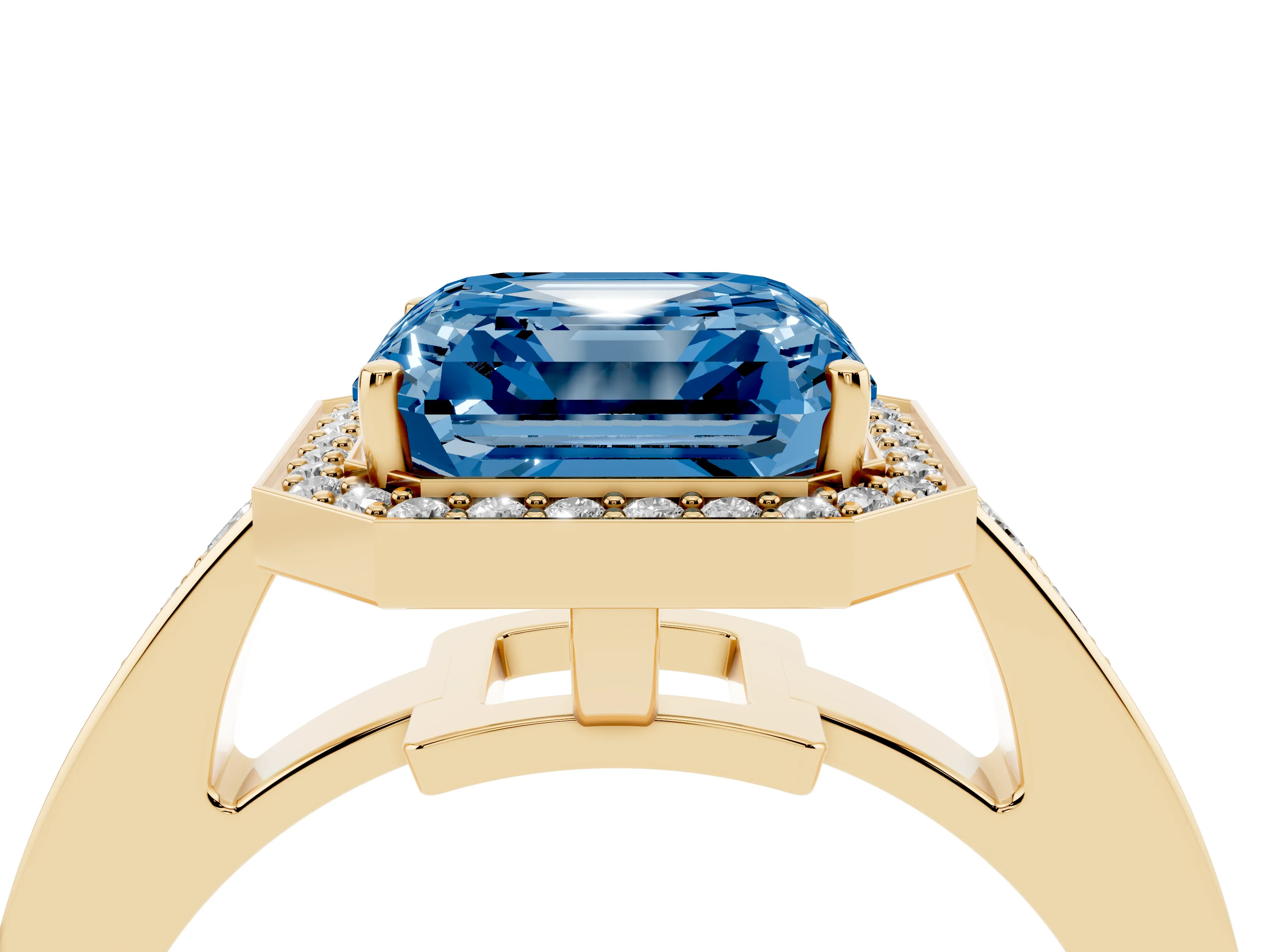 Fancy Blue Asscher Cut Diamond Halo Pavé Engagement Ring Set in Yellow gold with Bezel Setting