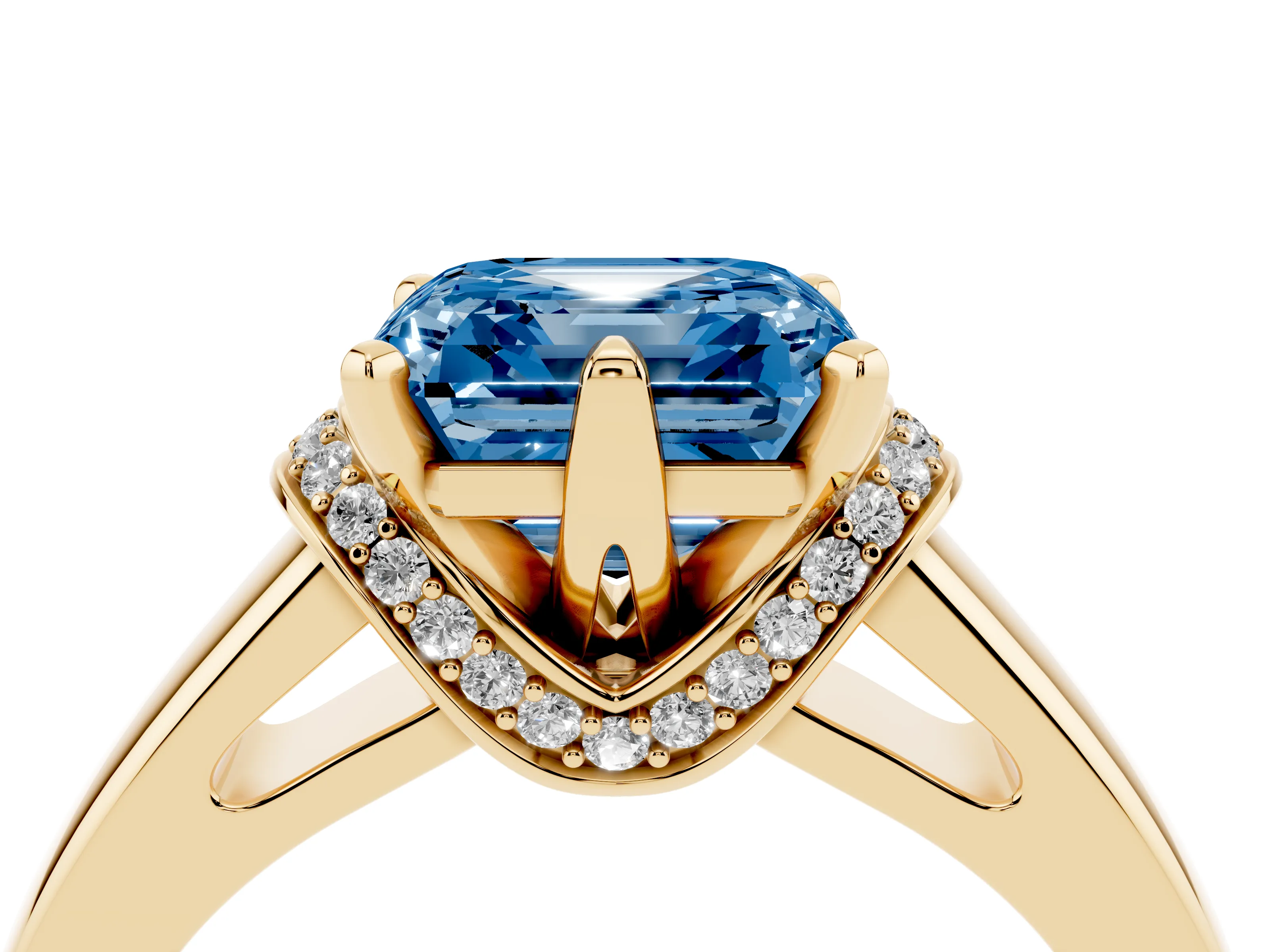 Fancy Blue Asscher Cut Diamond Pavé Band Solitaire Ring Set in Yellow gold with Prong Setting