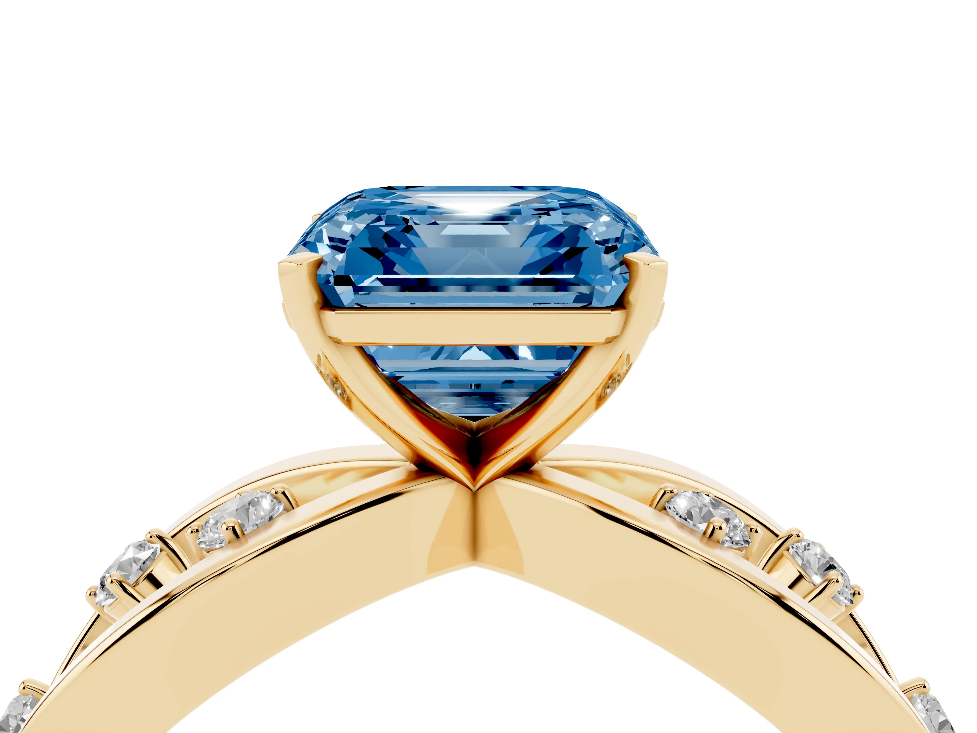 Fancy Blue Asscher Cut Diamond Solitaire Ring Set in Yellow gold with Side Stones on Criss-Cross Band and Prong Setting
