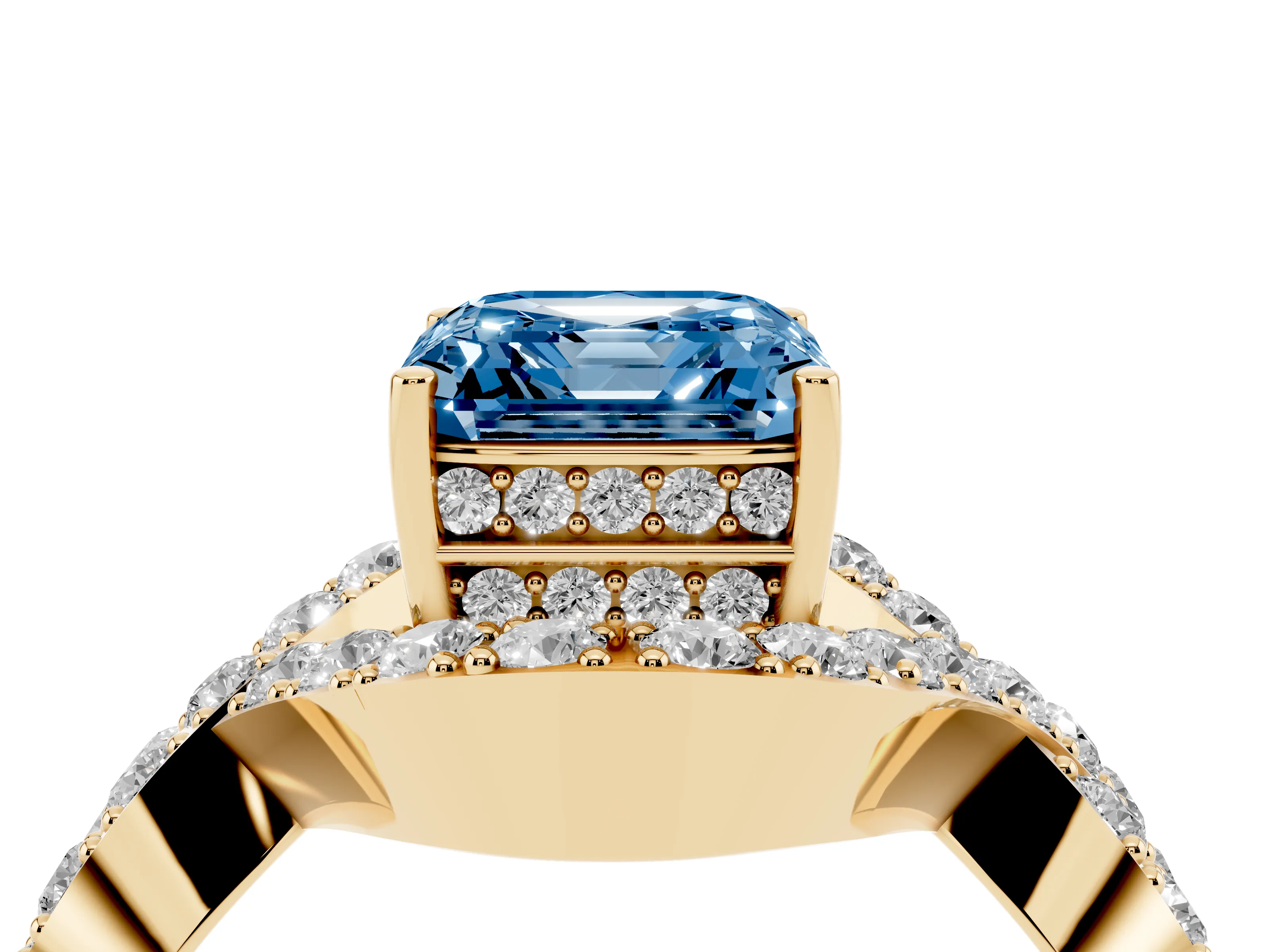 Fancy Blue Asscher Cut Diamond Solitaire Twist Band Pavé Engagement Ring Set in Yellow gold