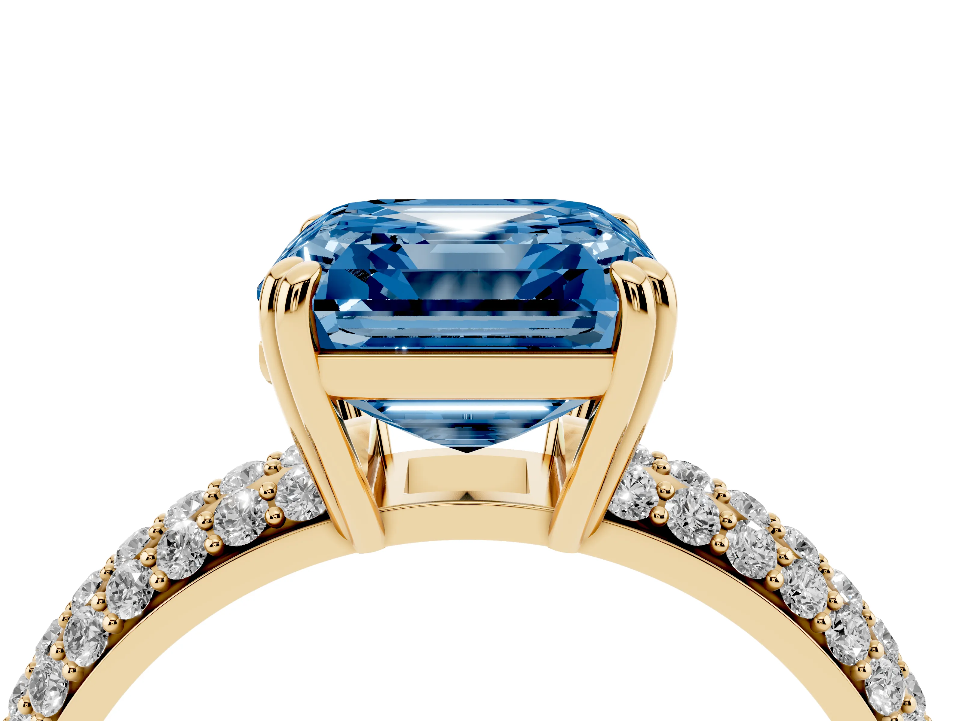 Fancy Blue Asscher Cut Diamond Solitaire Ring Set in Yellow gold with Multi-Row Round Pavé Band and Prong Setting