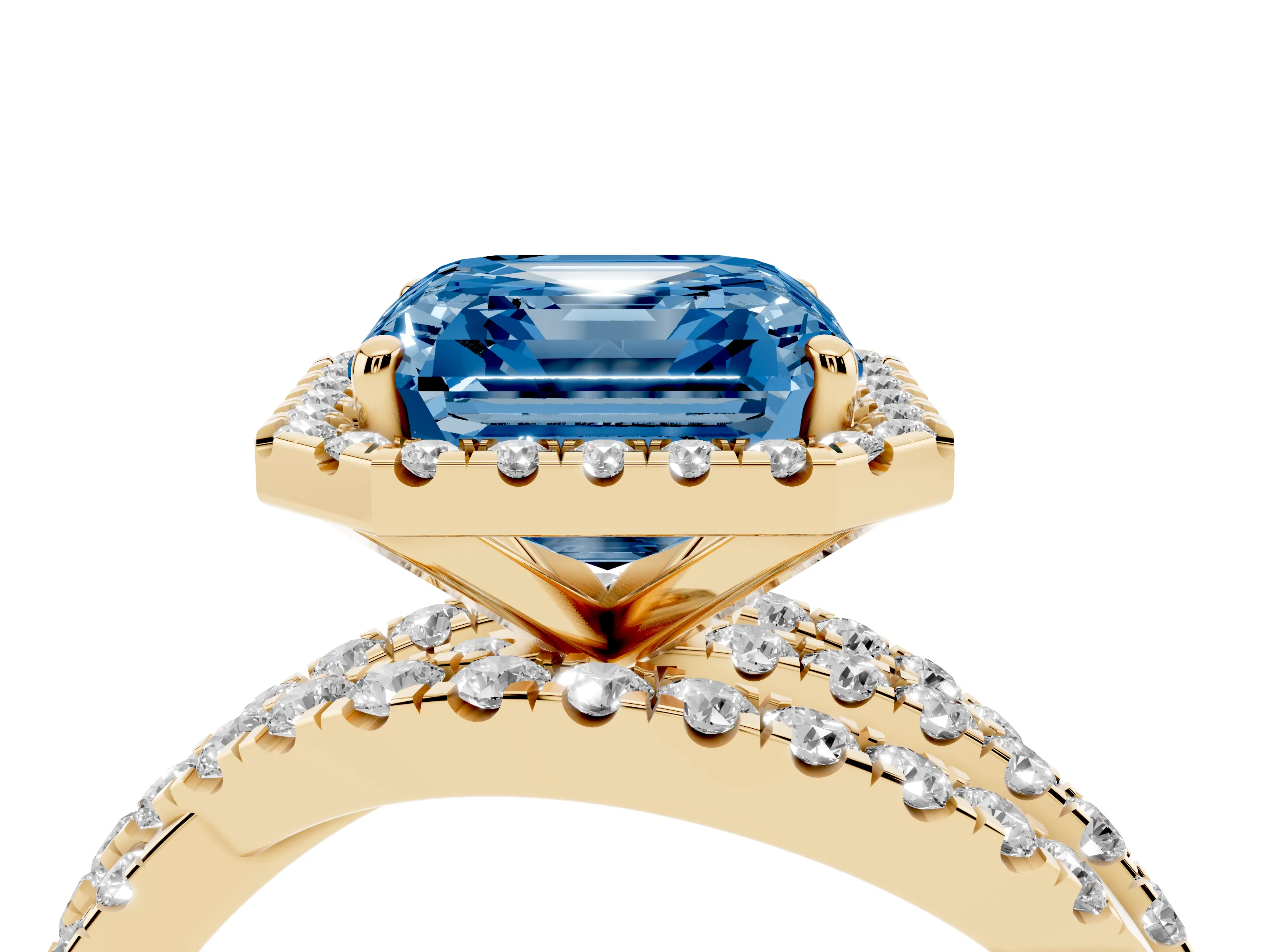Fancy Blue Asscher Cut Diamond Halo Ring Set in Yellow gold with Round Crossover Split Shank and Prong Setting