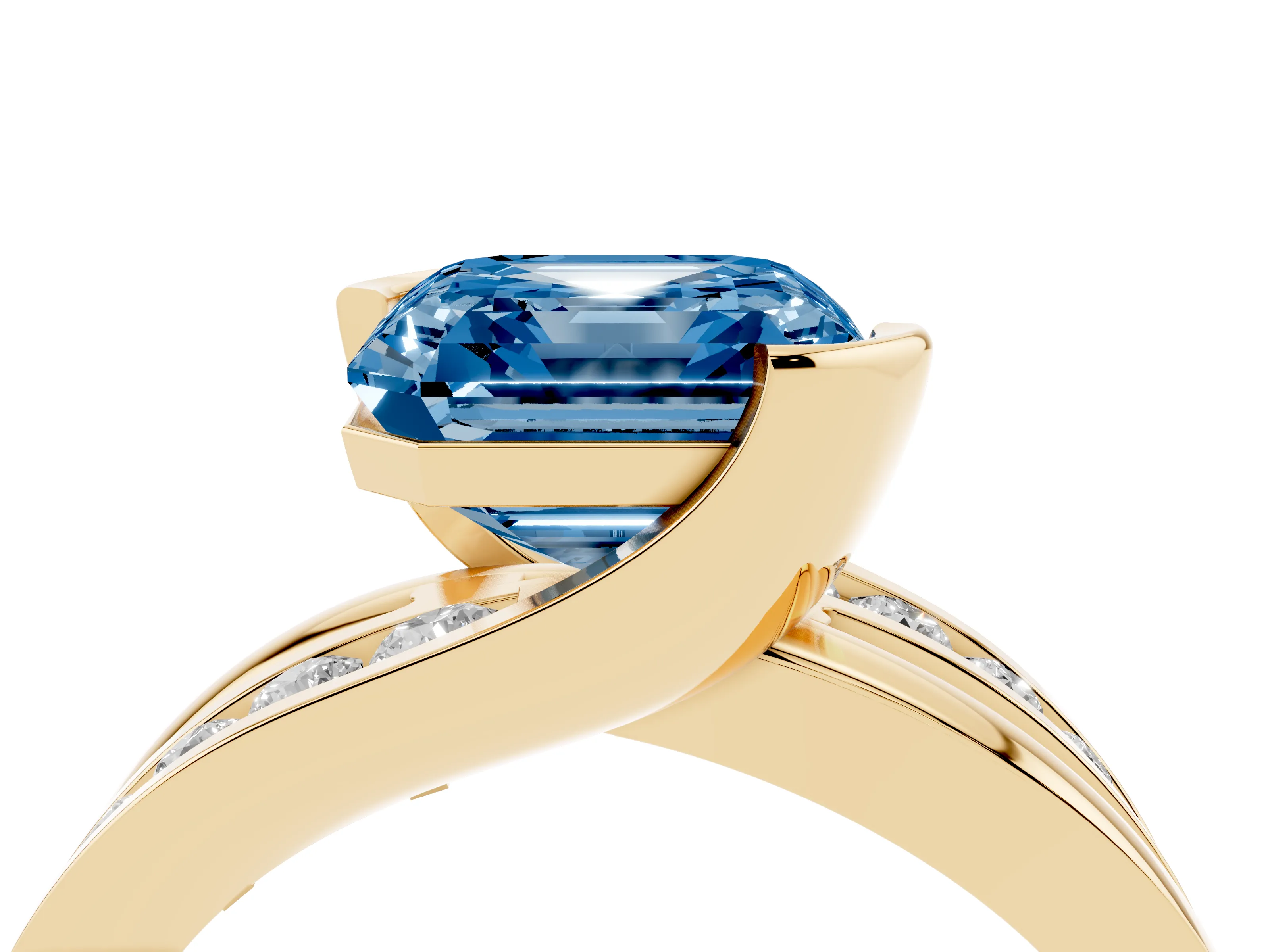 Fancy Blue Asscher Cut Diamond Solitaire Ring Set in Yellow gold with Channel Set Split Shank and Tension Prongs