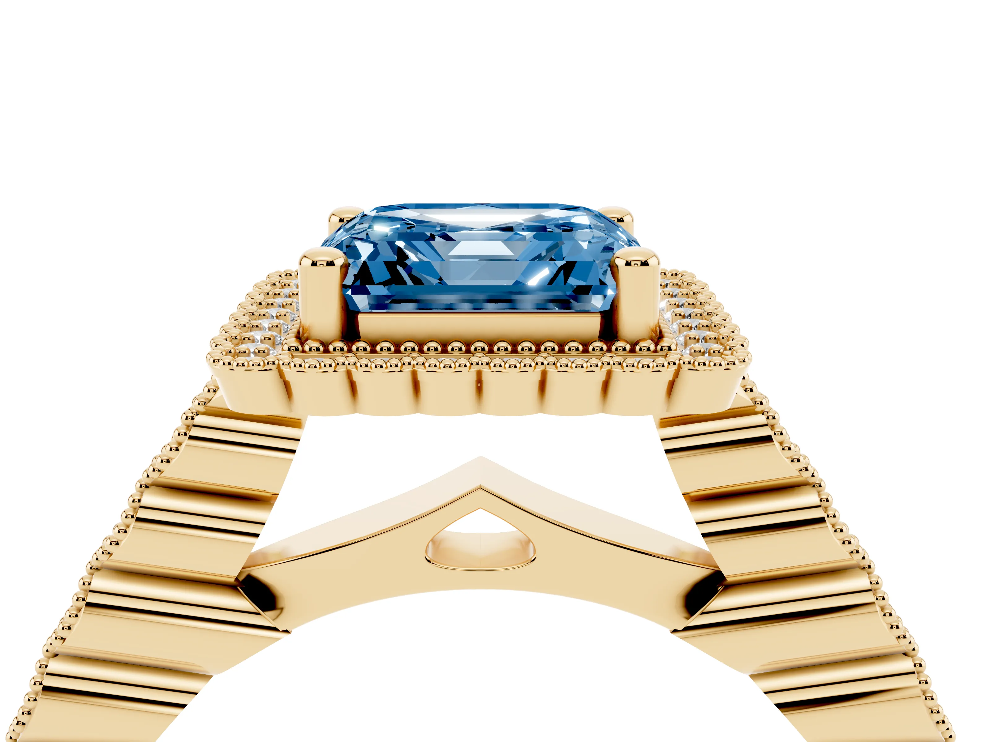 Fancy Blue Asscher Cut Diamond Halo Ring Set in Yellow gold with Pavé Milgrain Band