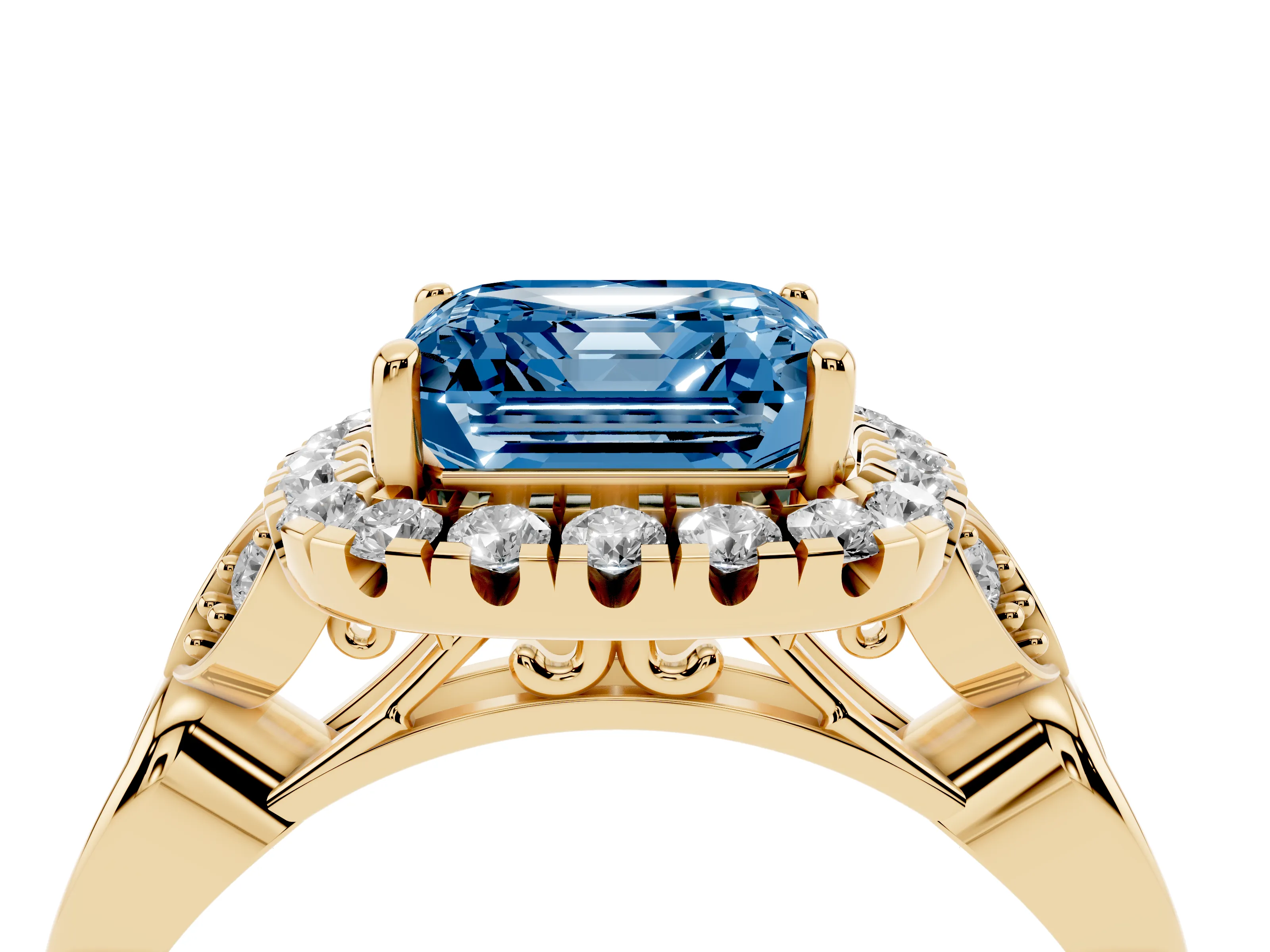 Fancy Blue Asscher Cut Diamond Halo Engagement Ring Set in Yellow gold with Vintage-Inspired Band and Prong Setting