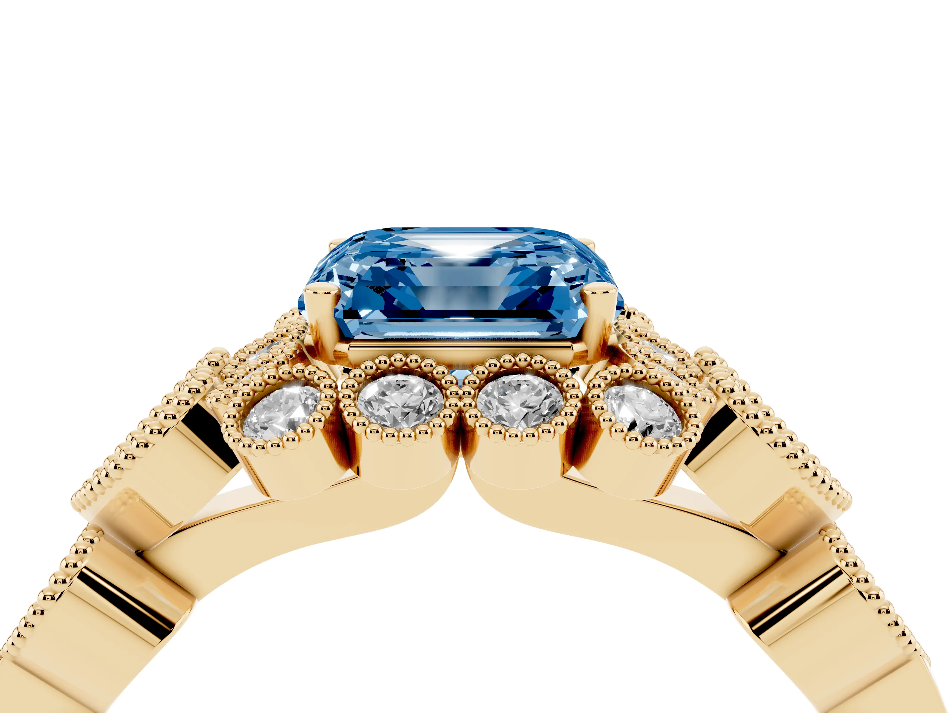 Fancy Blue Asscher Cut Diamond Solitaire Ring Set in Yellow gold with Milgrain Pavé Heart Band