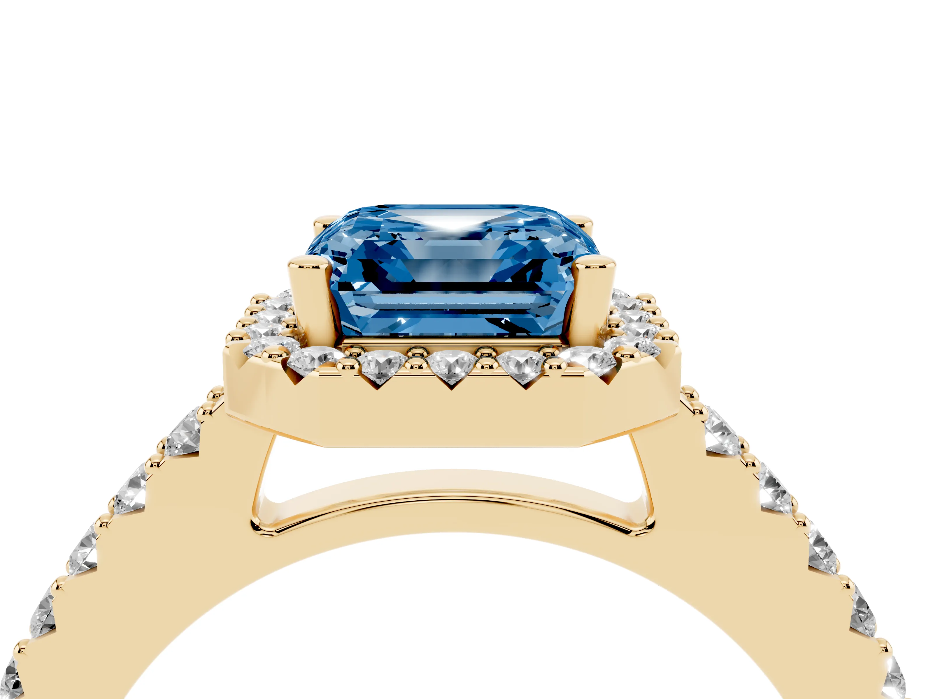 Fancy Blue Asscher Cut Diamond Halo Pavé Solitaire Ring Set in Yellow gold with Prong-Set Center Stone