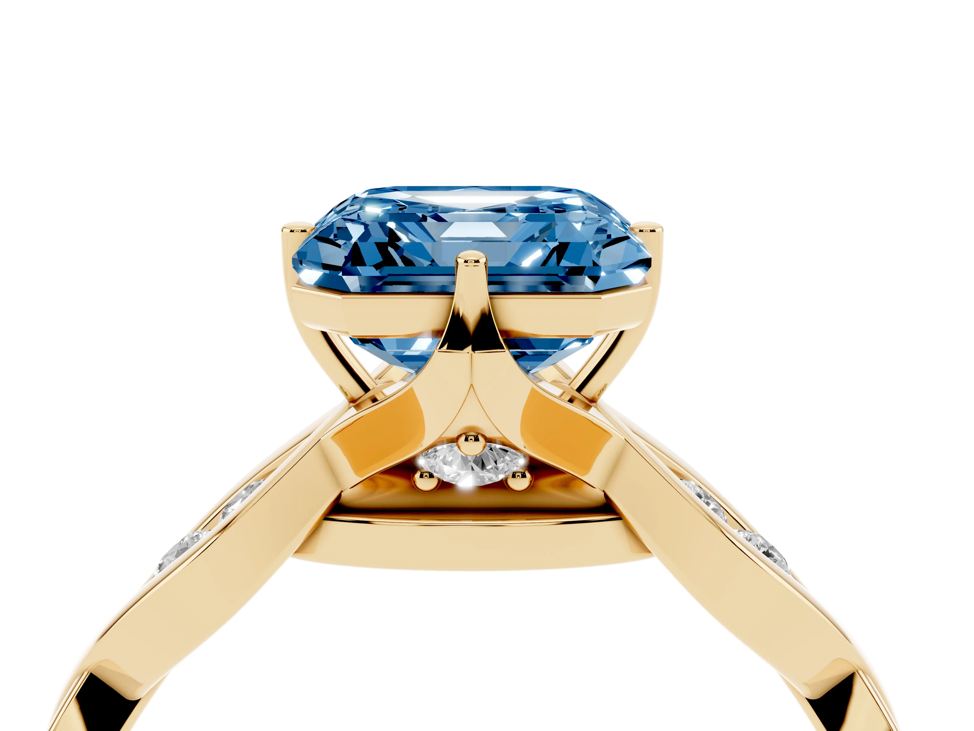 Fancy Blue Asscher Cut Diamond Twist Band Solitaire Ring Set in Yellow gold with Leaf Prong Setting and Accent Stones