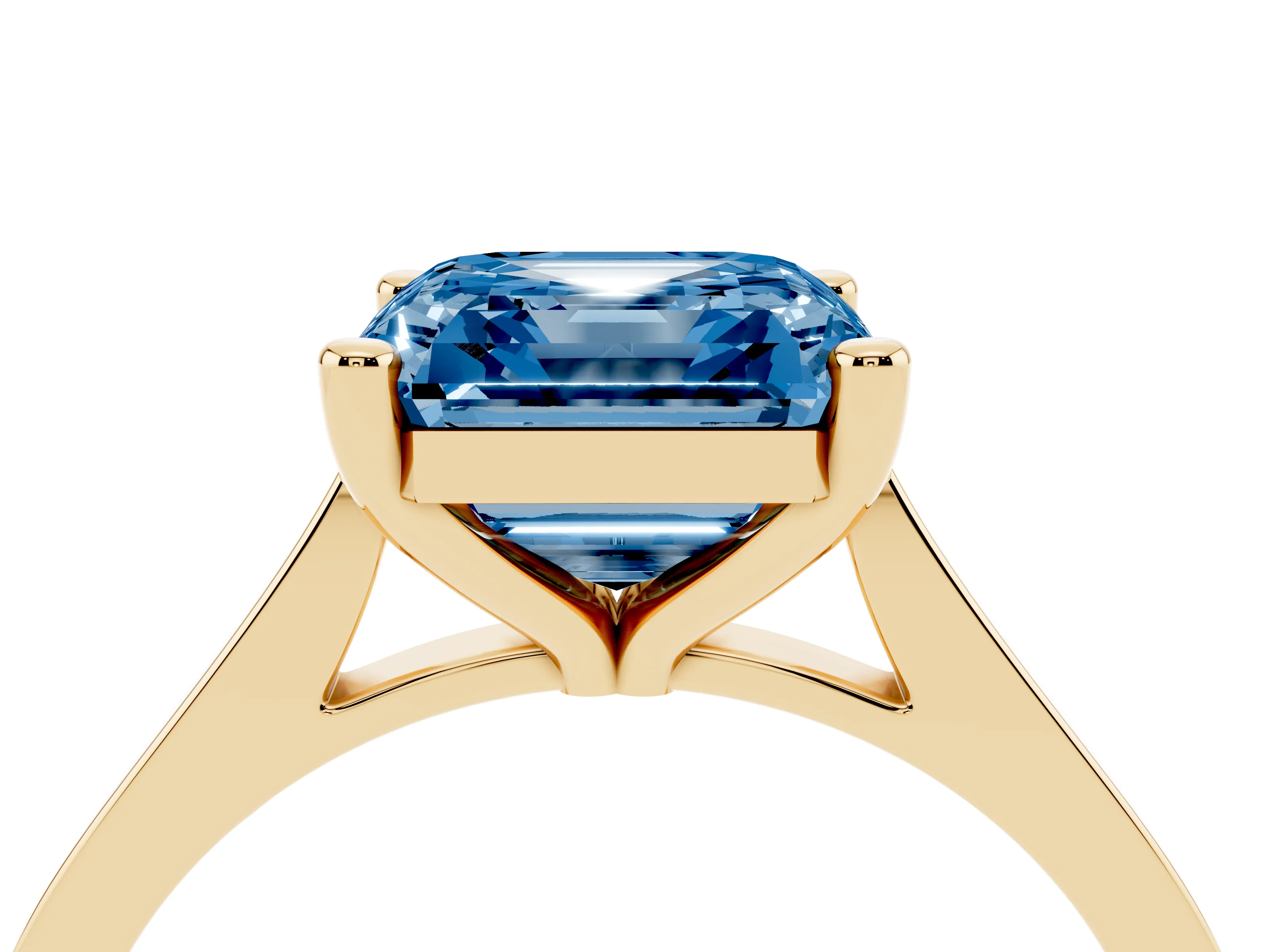 Fancy Blue Asscher Cut Diamond Solitaire Ring Set in Yellow gold with Prong Setting and Tapered Band