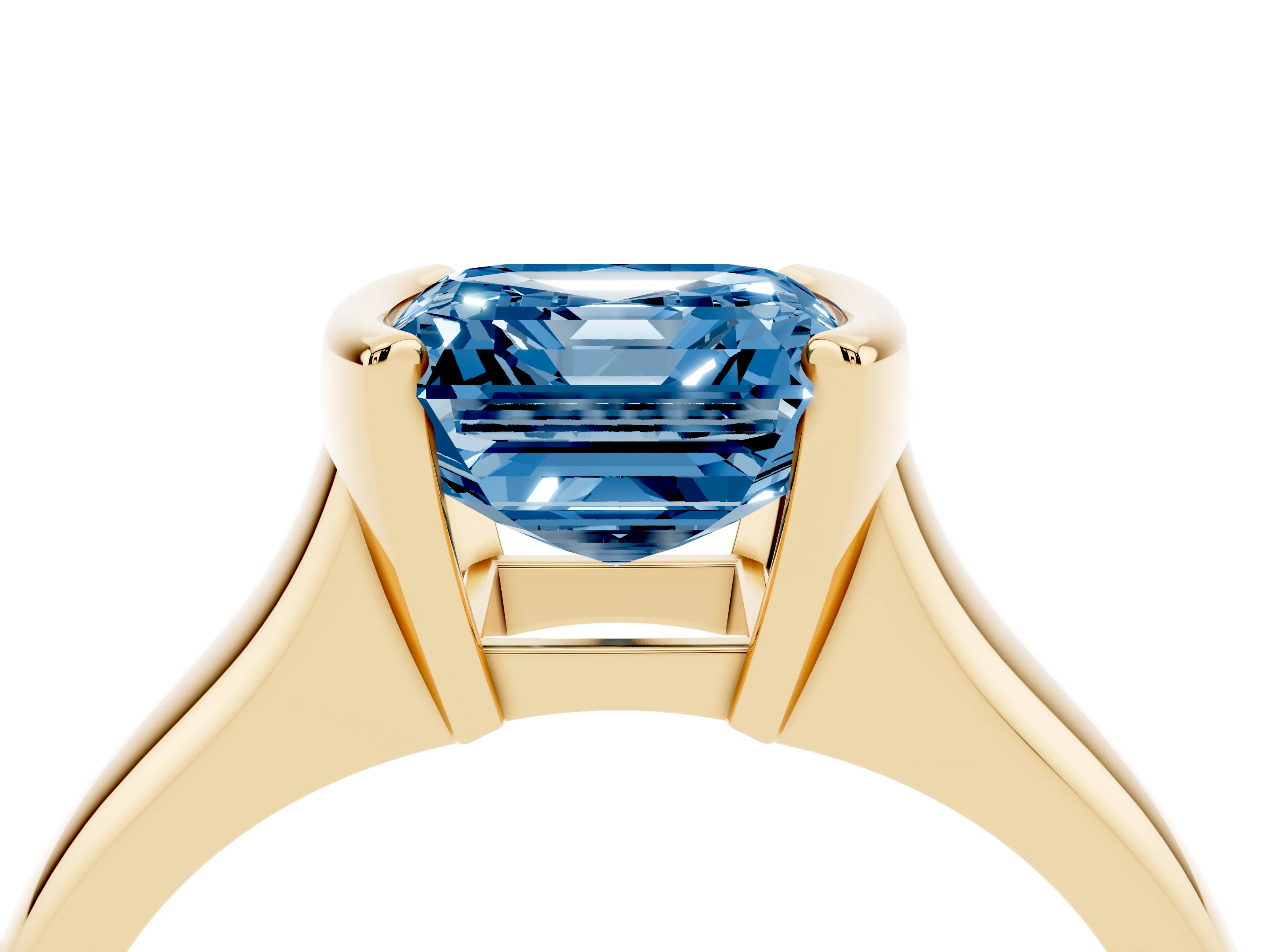 Fancy Blue Asscher Cut Diamond Solitaire Tension Set Ring Set in Yellow gold with Split Shank Band