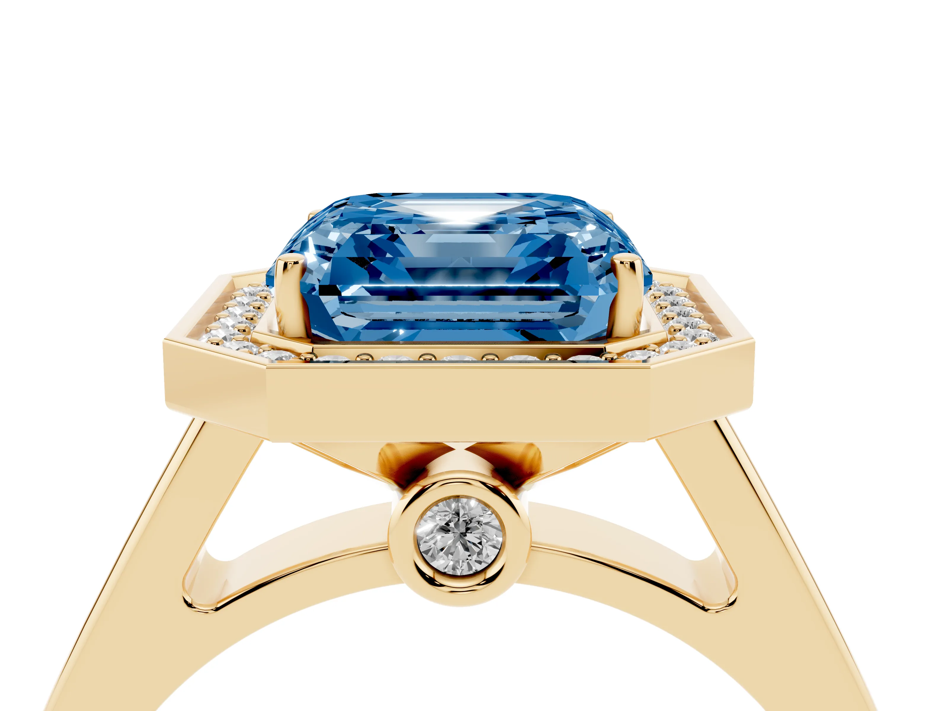 Fancy Blue Asscher Cut Diamond Halo Solitaire Ring Set in Yellow gold with Pavé Band and Bezel Setting