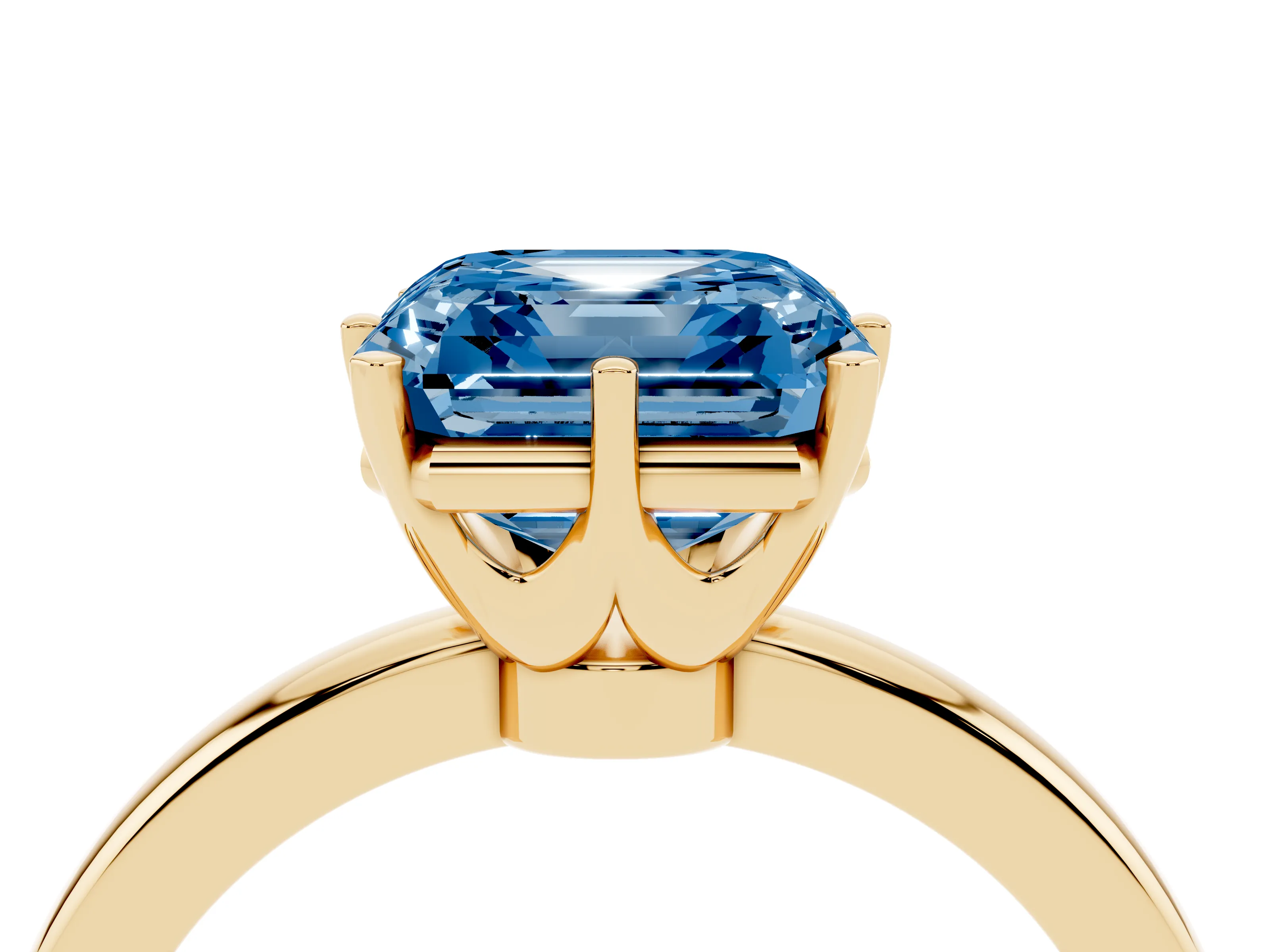 Fancy Blue Asscher Cut Diamond Solitaire Ring Set in Yellow gold with Raised Prong Setting on a Classic Band