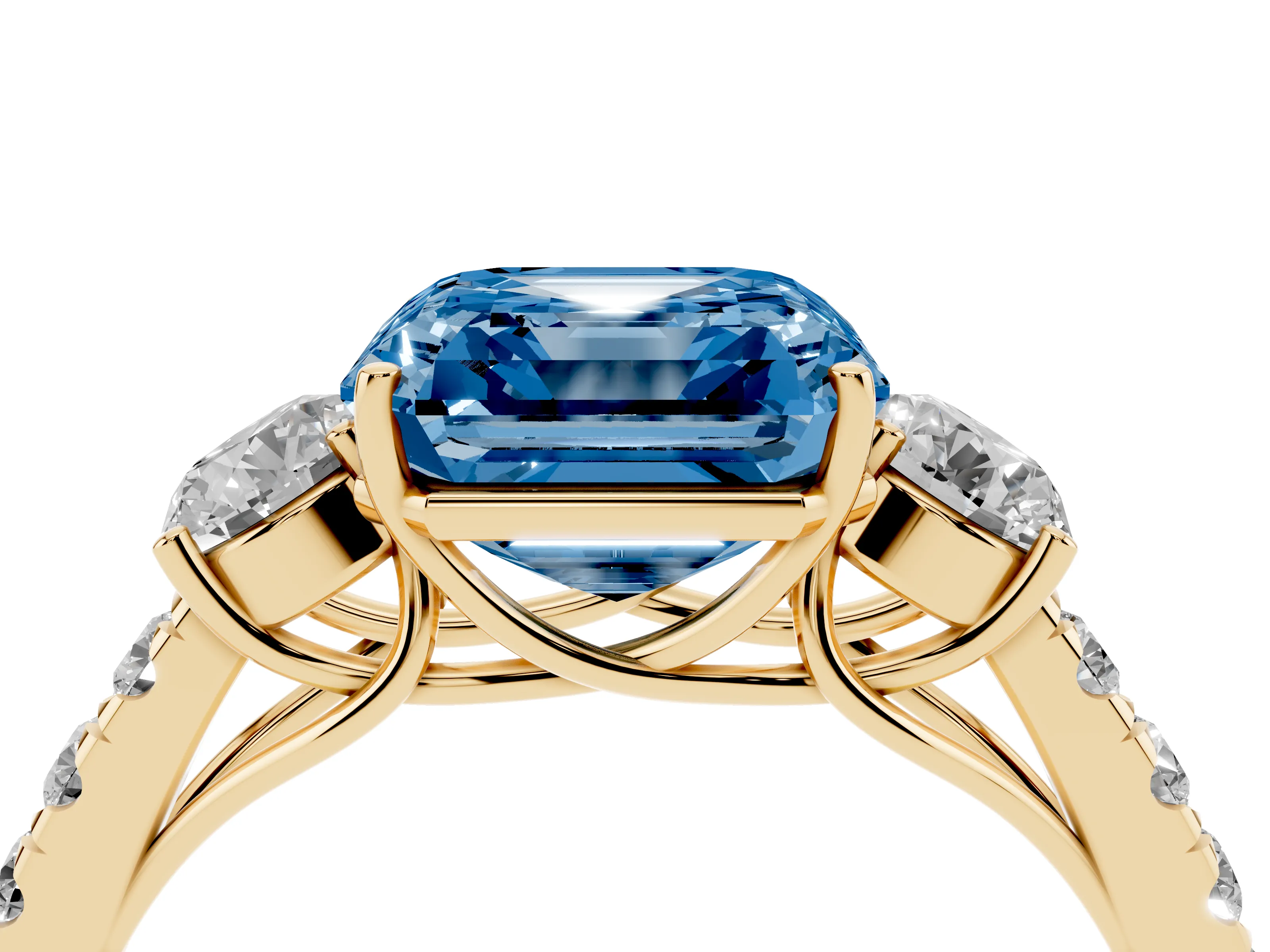 Fancy Blue Asscher Cut Diamond Three-Stone Ring Set in Yellow gold with Round Side Stones and Delicate Pavé Band