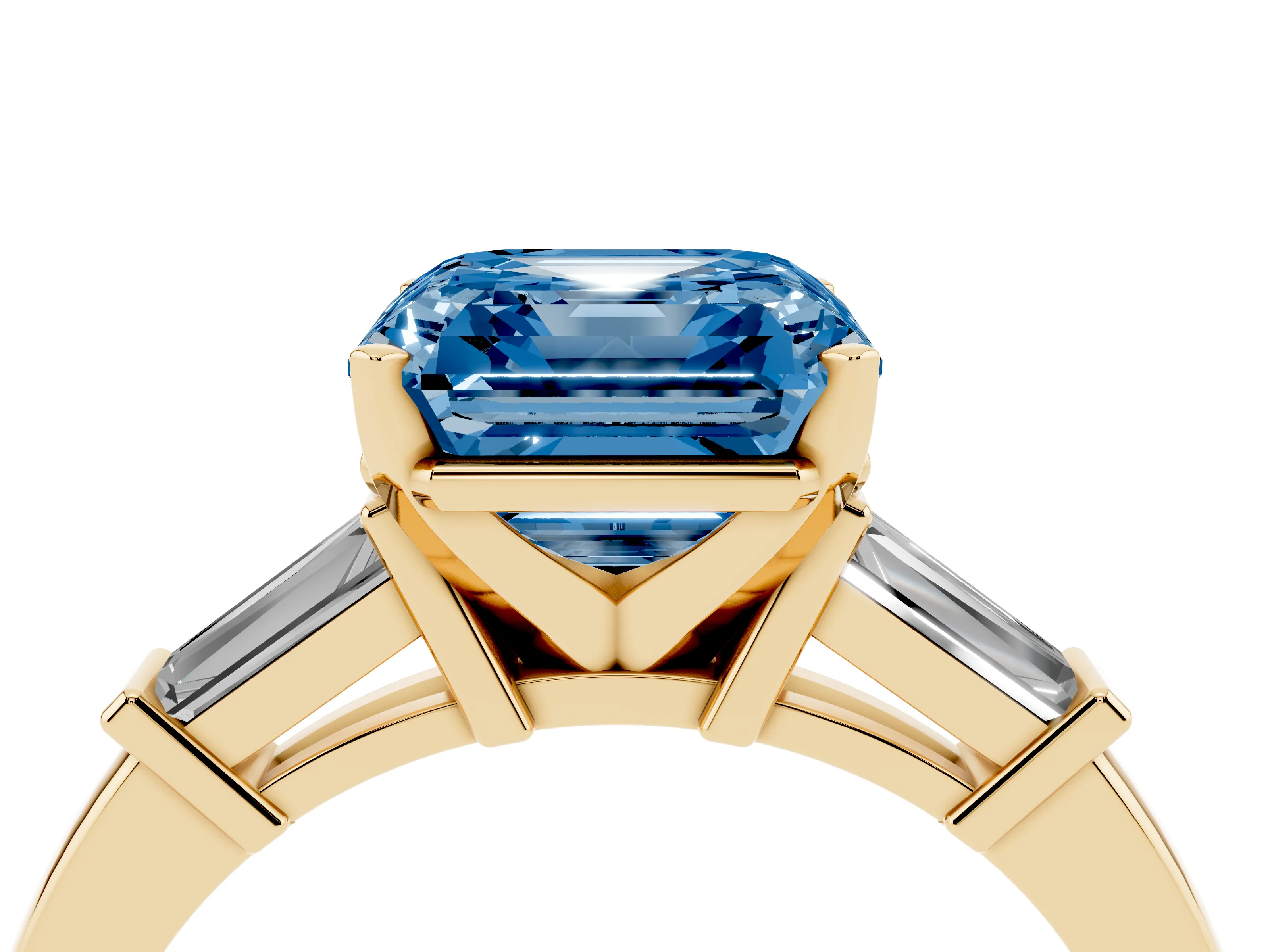 Fancy Blue Asscher Cut Diamond Solitaire Ring Set in Yellow gold with Tapered Baguette Accents and Prong Setting