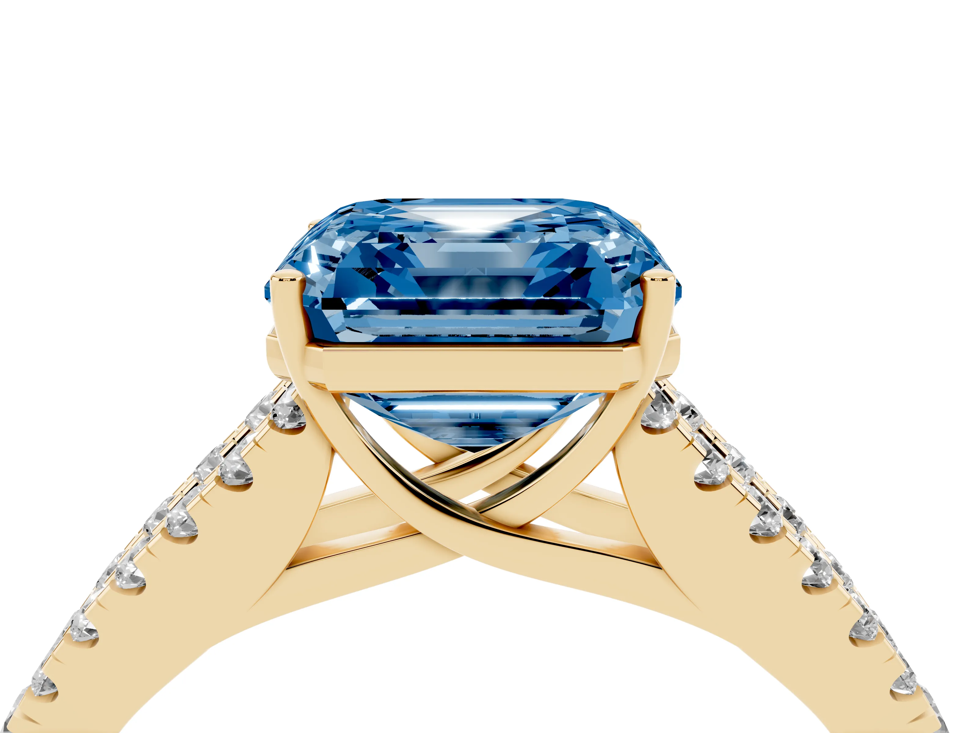 Fancy Blue Asscher Cut Diamond Split Shank Engagement Ring Set in Yellow gold with Round Pavé and Prong Setting