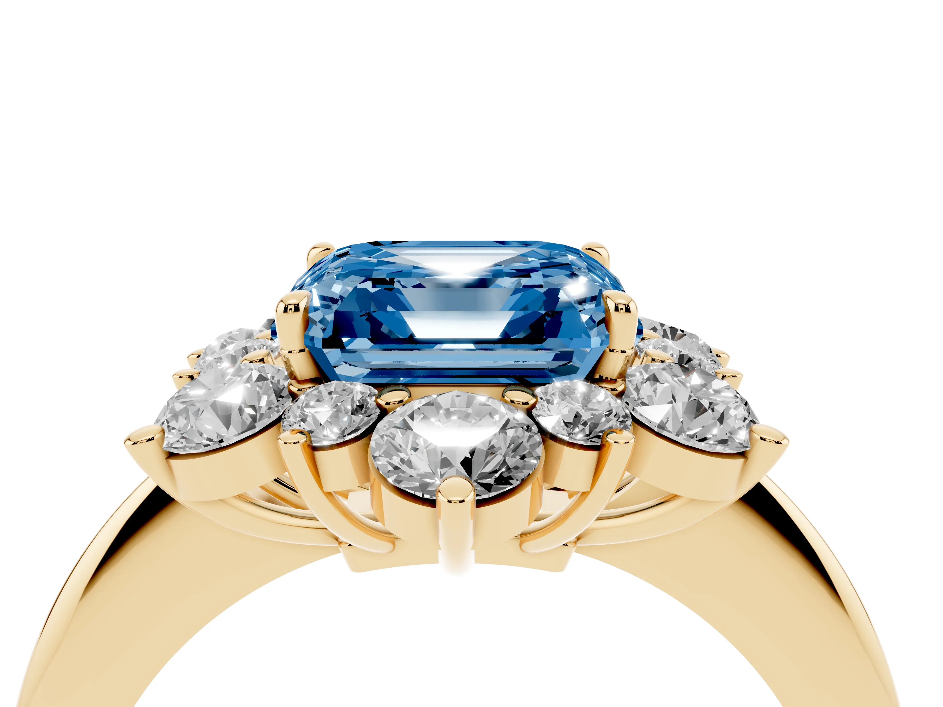 Fancy Blue Asscher Cut Diamond Cluster Halo Ring Set in Yellow gold with Solitaire Band and Prong Setting