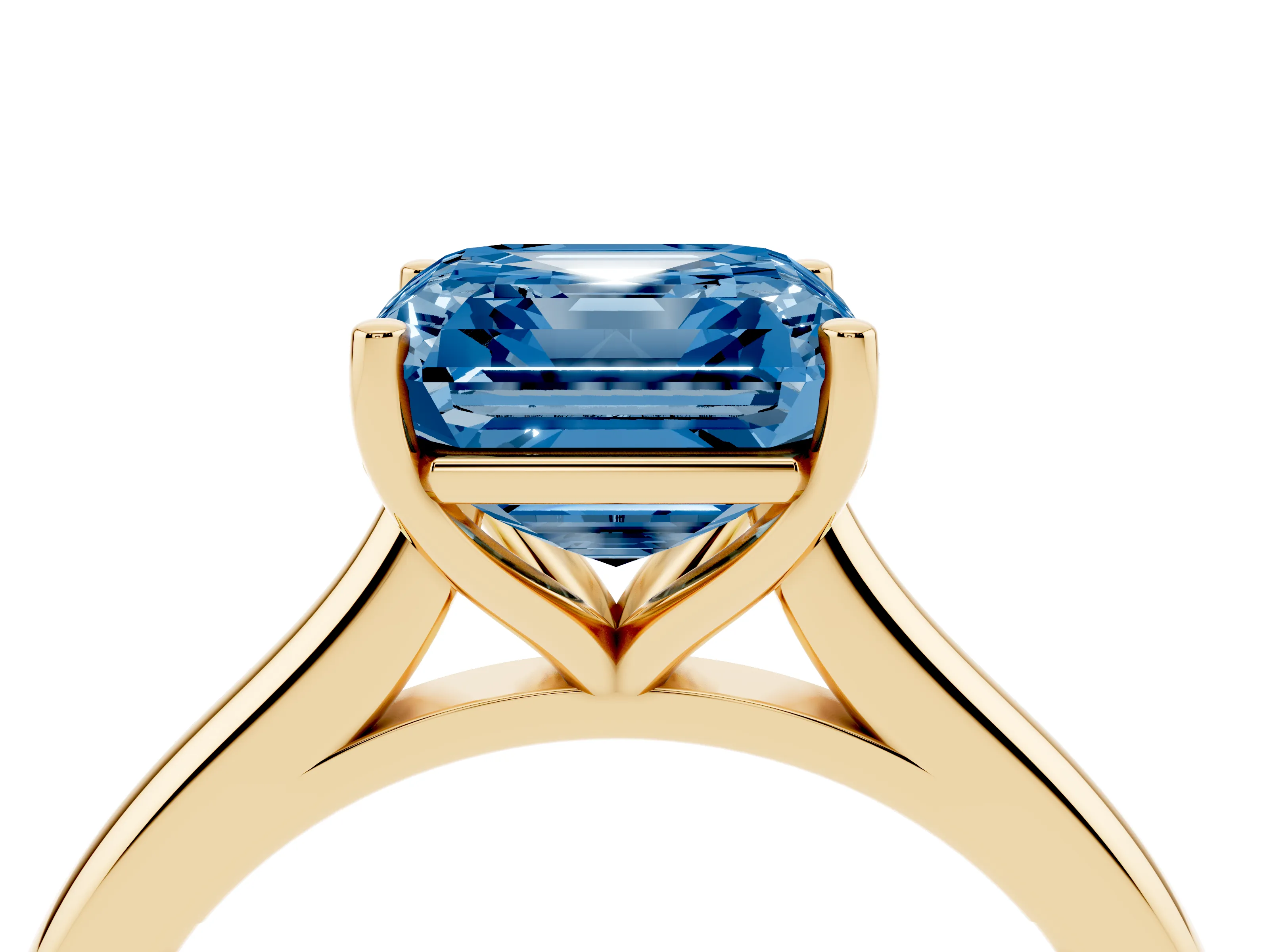Fancy Blue Asscher Cut Diamond Solitaire Ring Set in Yellow gold with Cathedral Band and Prong Setting