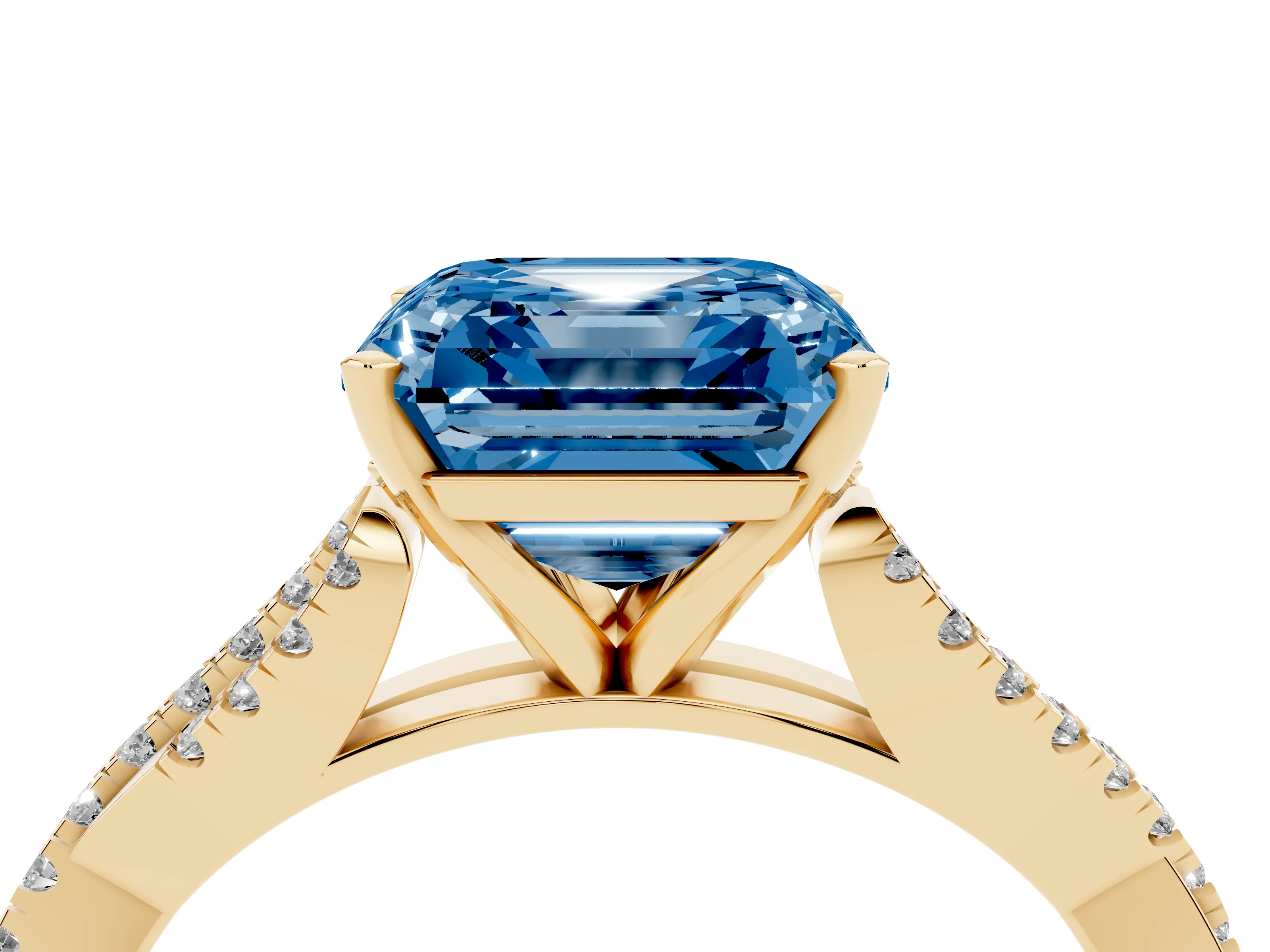Fancy Blue Asscher Cut Diamond Solitaire Engagement Ring Set in Yellow gold with Twisted Pavé Band and Prong Setting